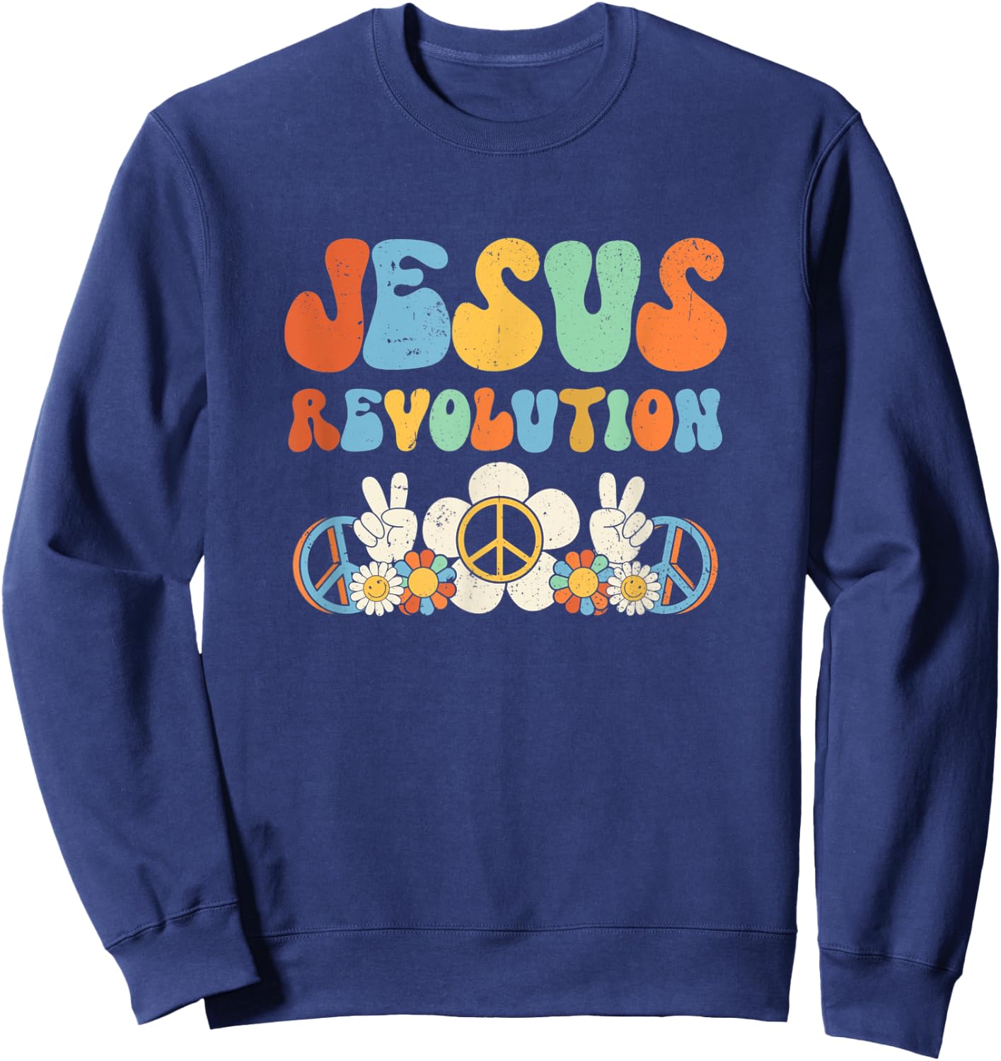 Jesus Revolution Faith Groovy Flower Peace Sign Christian Sweatshirt - Sweatshirt | Navy