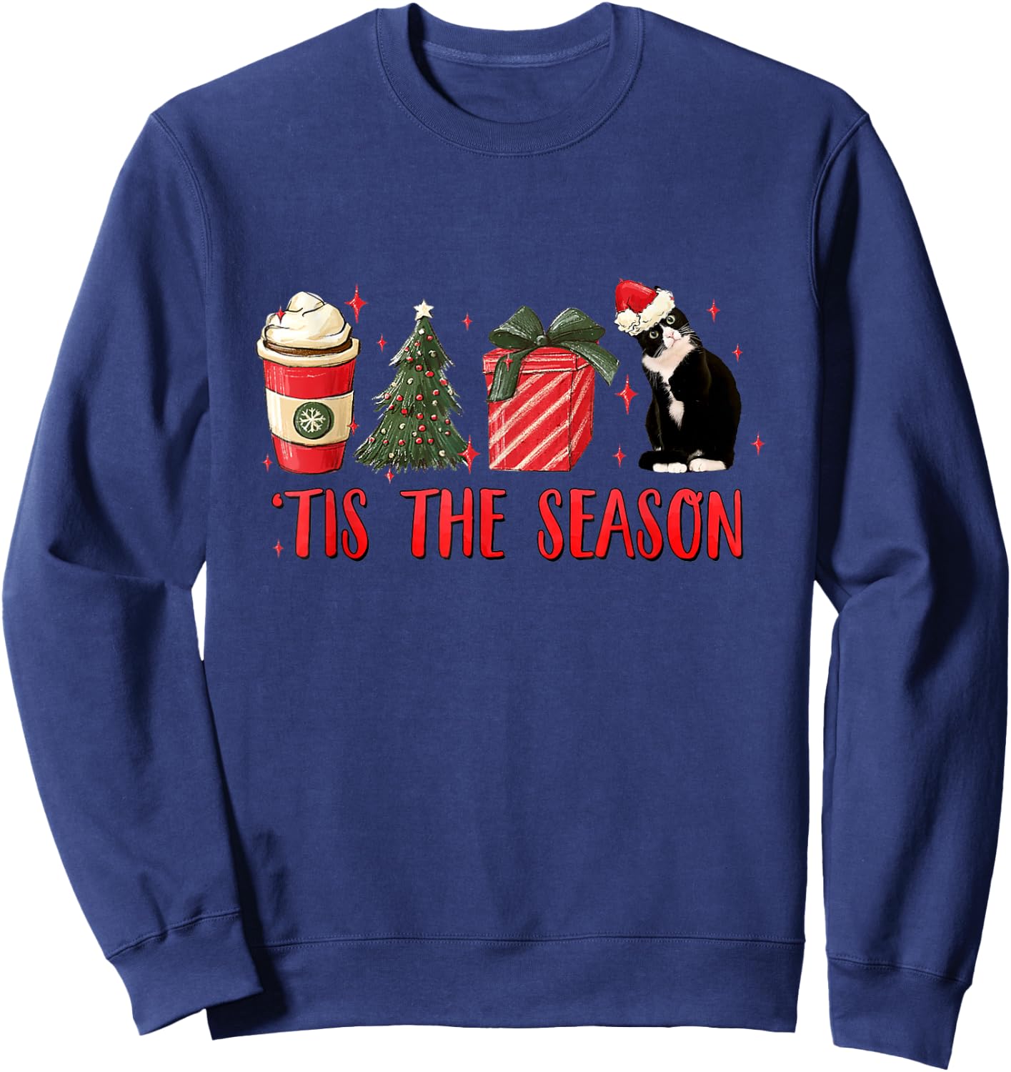 Tis The Season Christmas Tree Coffee Tuxedo Cat Santa Hat Women Kids Sweatshirt - Sweatshirt | Navy