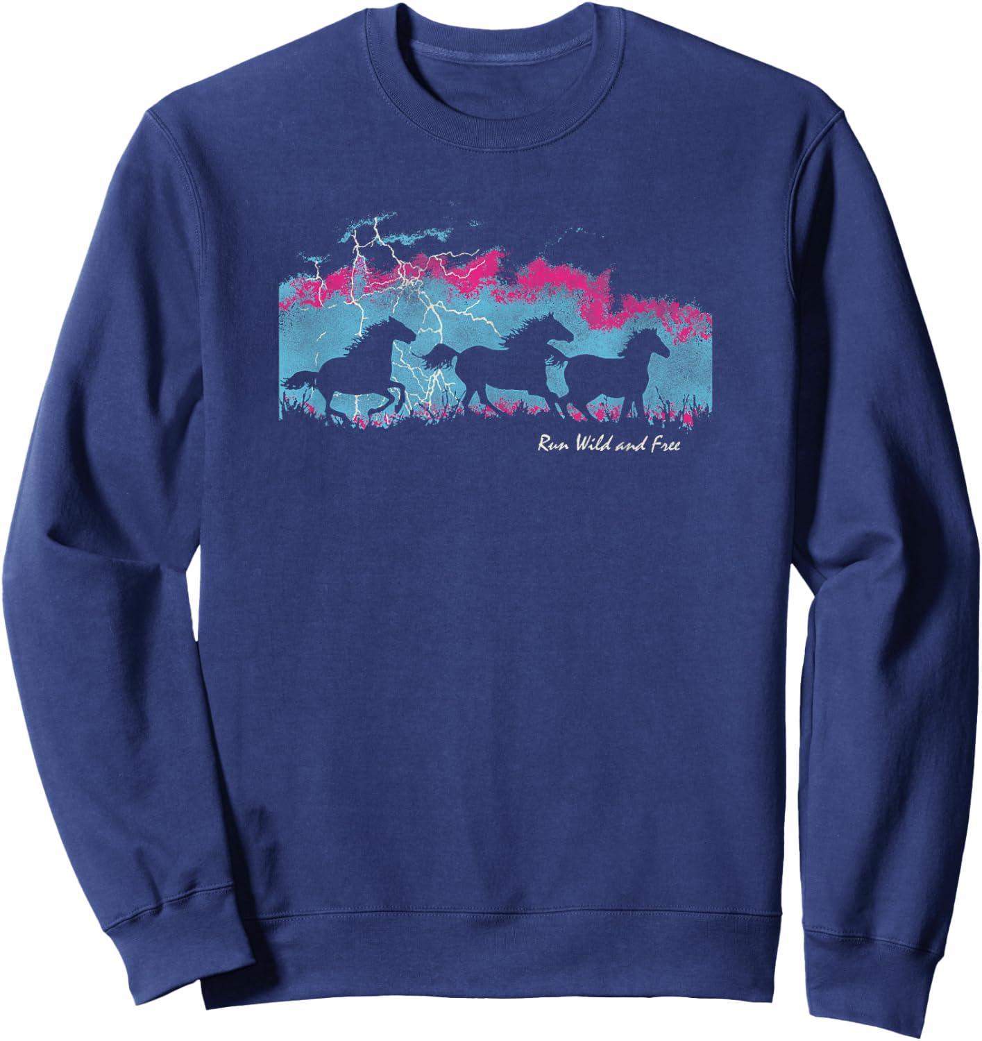 Run Wild And Free Running Horses Silhouettes Thunderstorm Sweatshirt - Sweatshirt | Navy