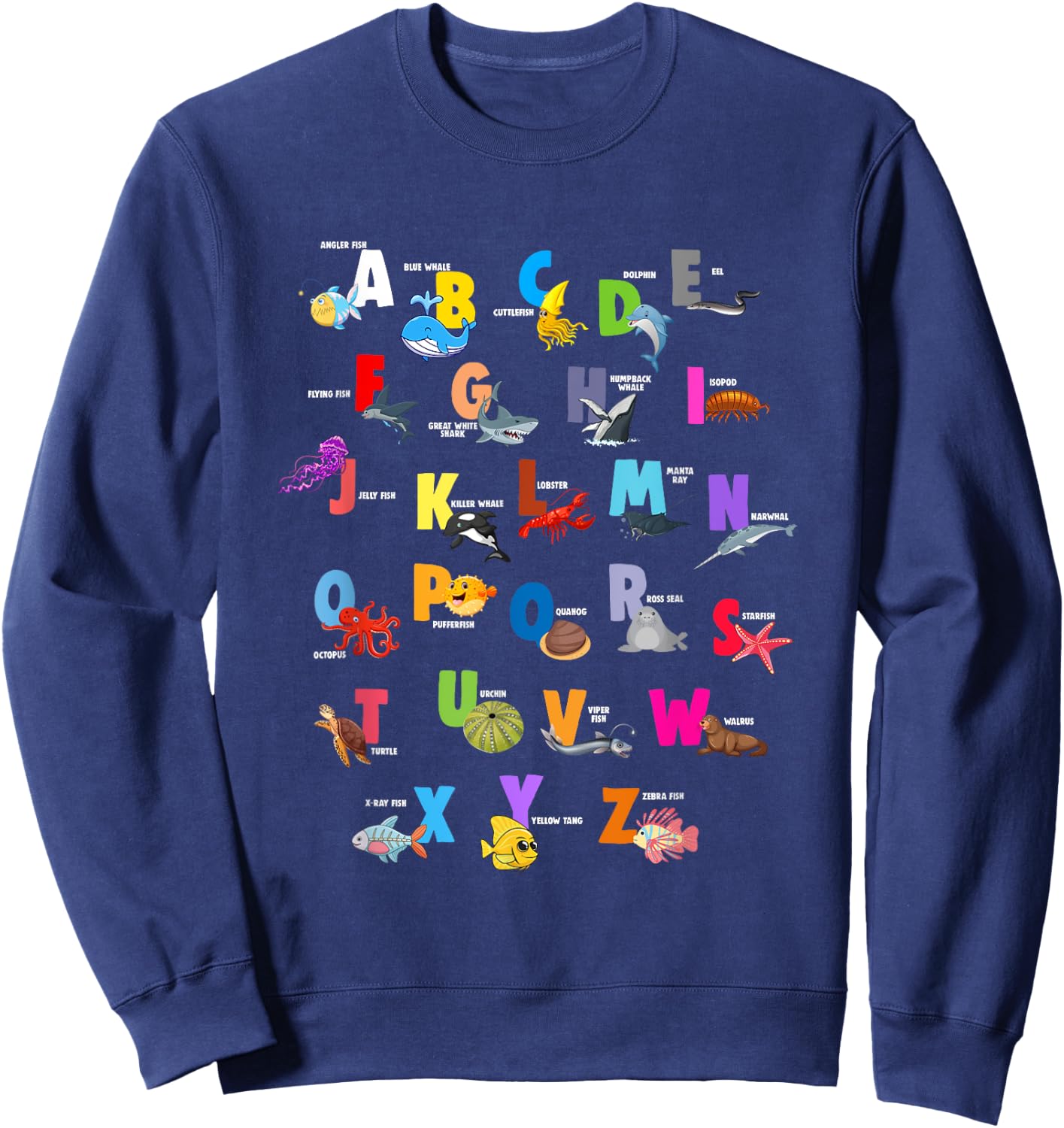 Ocean Animals Alphabet Letter ABCs Fish Dolphin Letters Sweatshirt - Sweatshirt | Navy