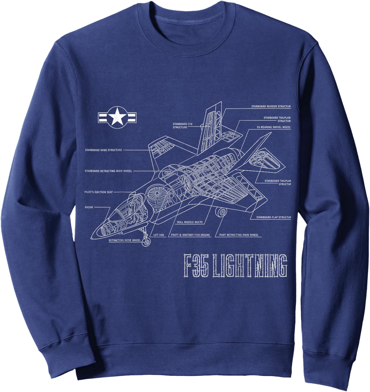 American Aircraft Stealth Fighter F35 lightning blueprint Sweatshirt - Sweatshirt | Navy