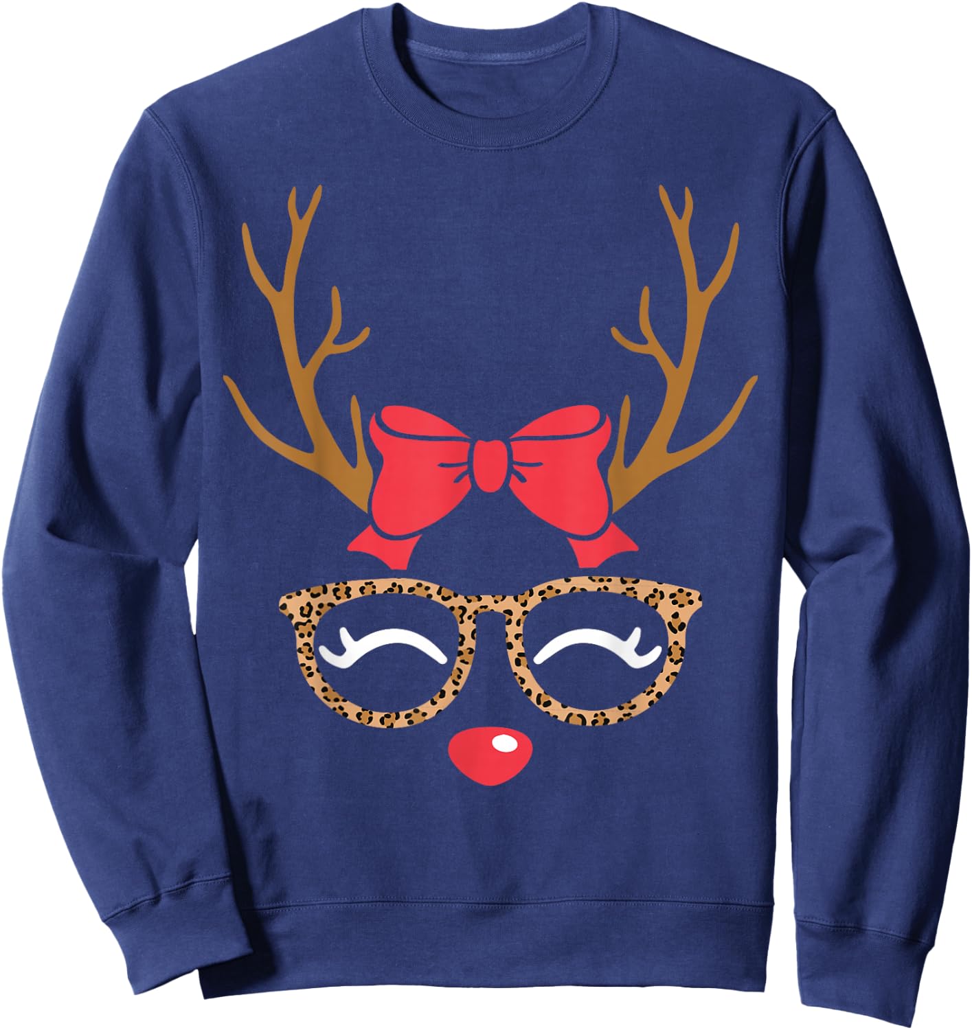 Reindeer Face Bow Leopard Glasses Christmas Girls Sweatshirt - Sweatshirt | Navy