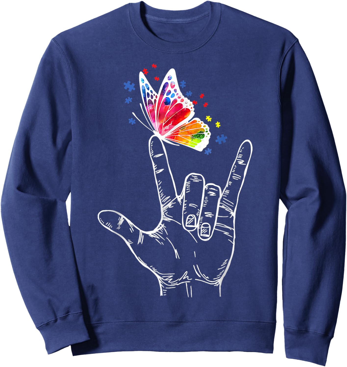 I Love You Hand Sign Language Butterfly Autism Awareness Sweatshirt - Sweatshirt | Navy