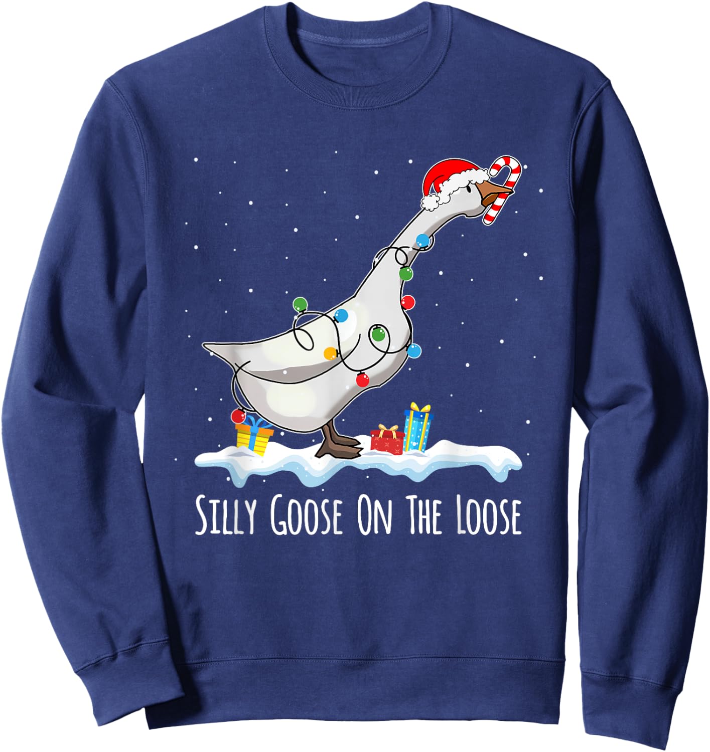 Cute Funny Santa Duck Silly Goose On The Loose Christmas Sweatshirt - Sweatshirt | Navy