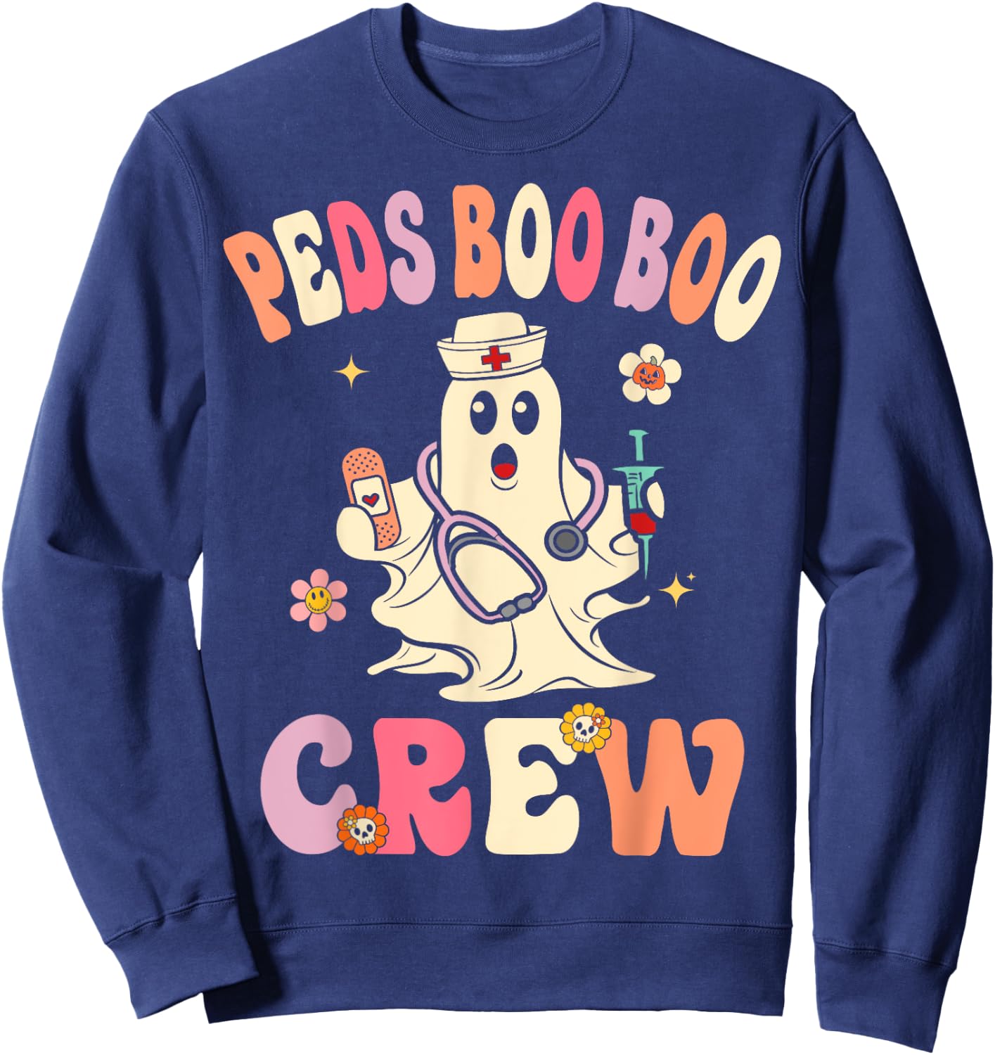 Peds Nurse Boo Crew Retro Halloween Pediatric Nurse Sweatshirt - Sweatshirt | Navy