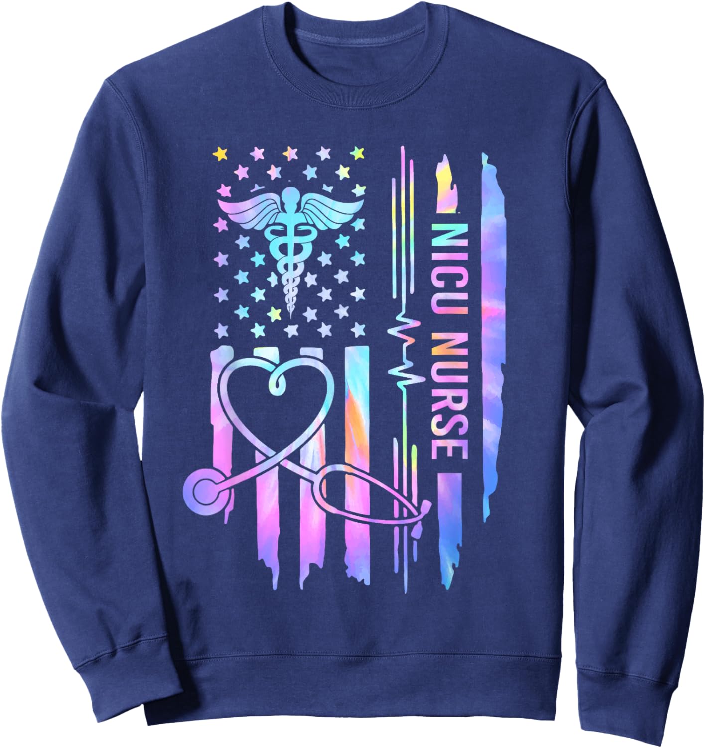 Tie Dye NICU Nurse ICU Neonatal USA Flag Team Tiny Humans Sweatshirt - Sweatshirt | Navy