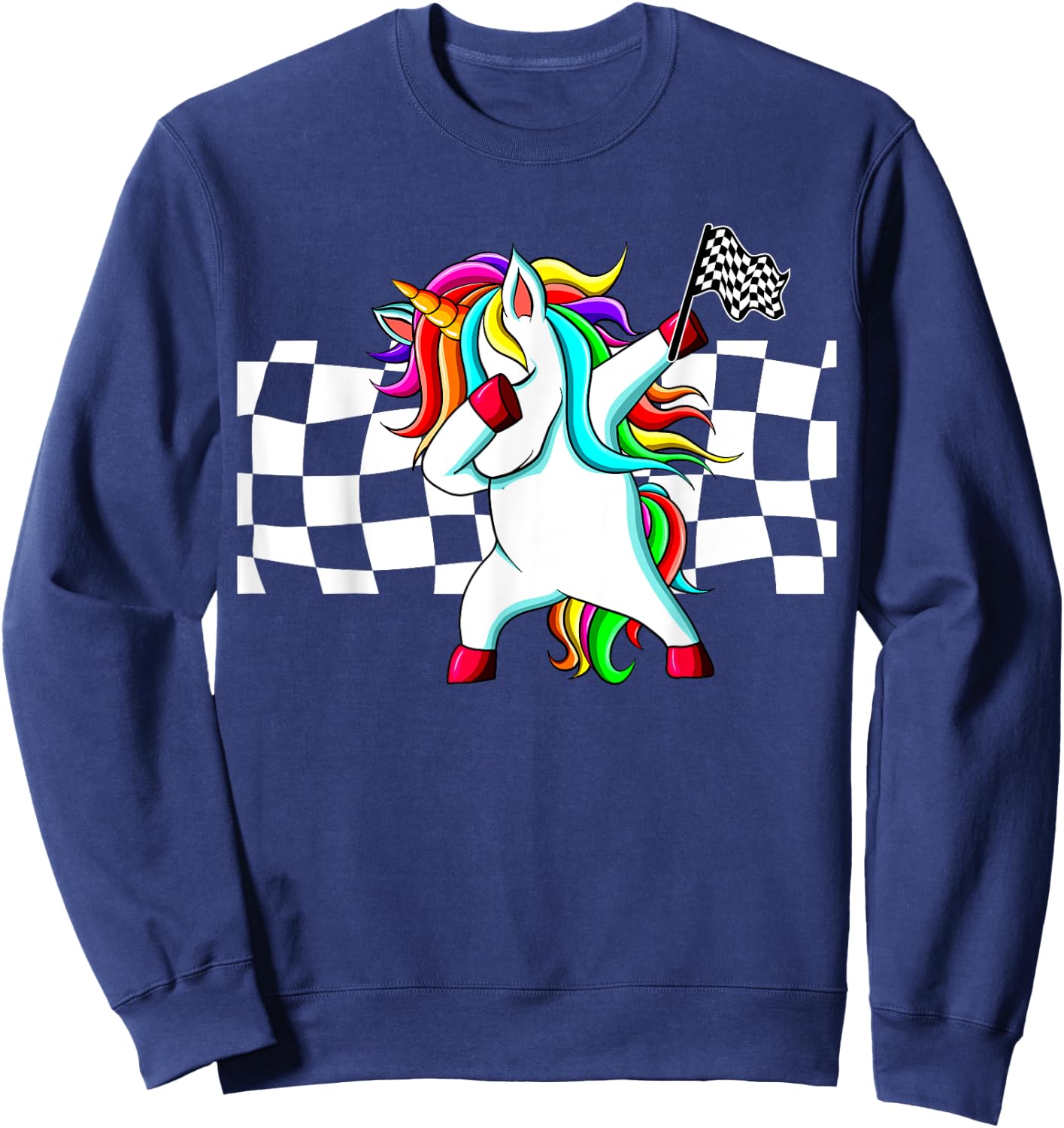 Racecar Racing Checker Flag Dabbing Unicorn Graphic Sweatshirt - Sweatshirt | Navy