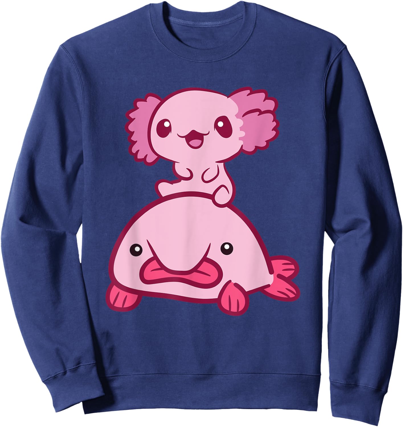 Kawaii Axolotl Riding A Blobfish Cute Axolotl Sweatshirt - Sweatshirt | Navy