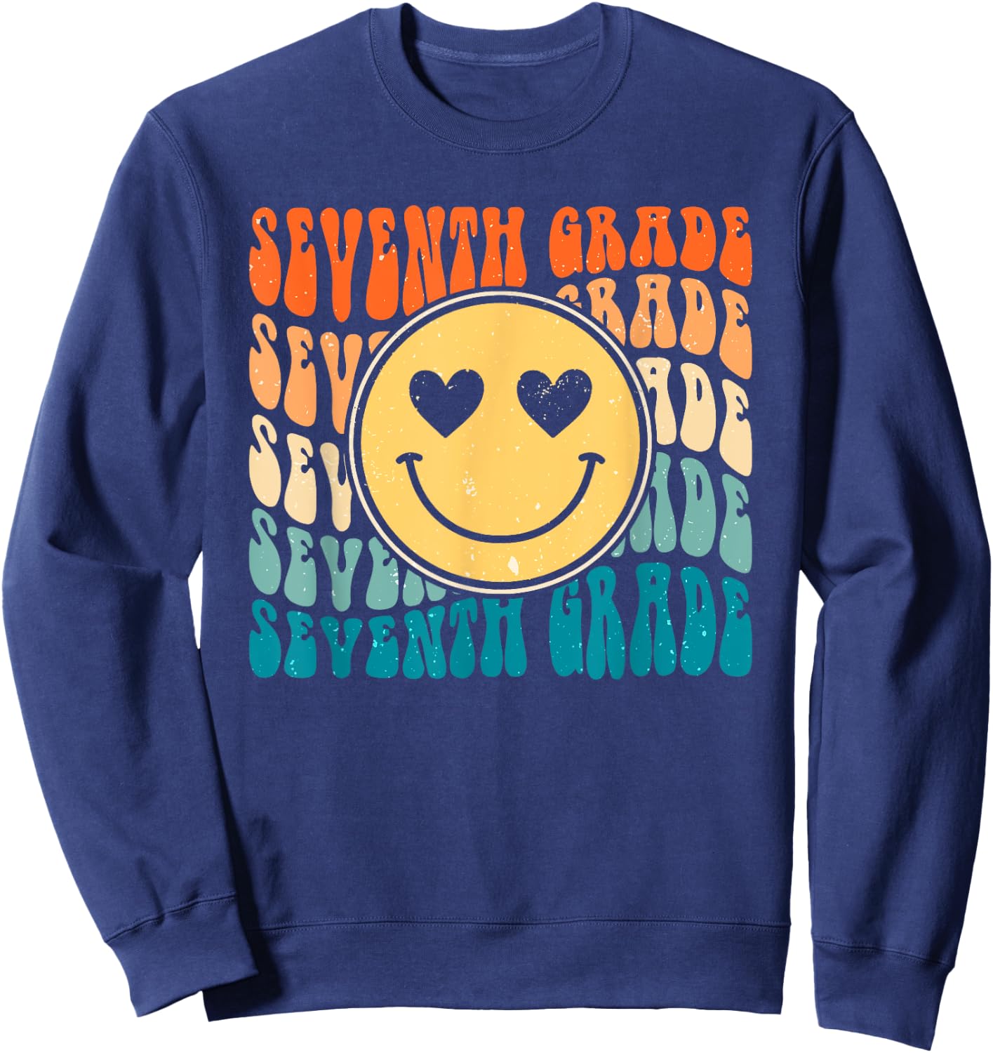 Boho Vintage Retro Groovy Smile 7th Seventh Grade Teacher Sweatshirt - Sweatshirt | Navy