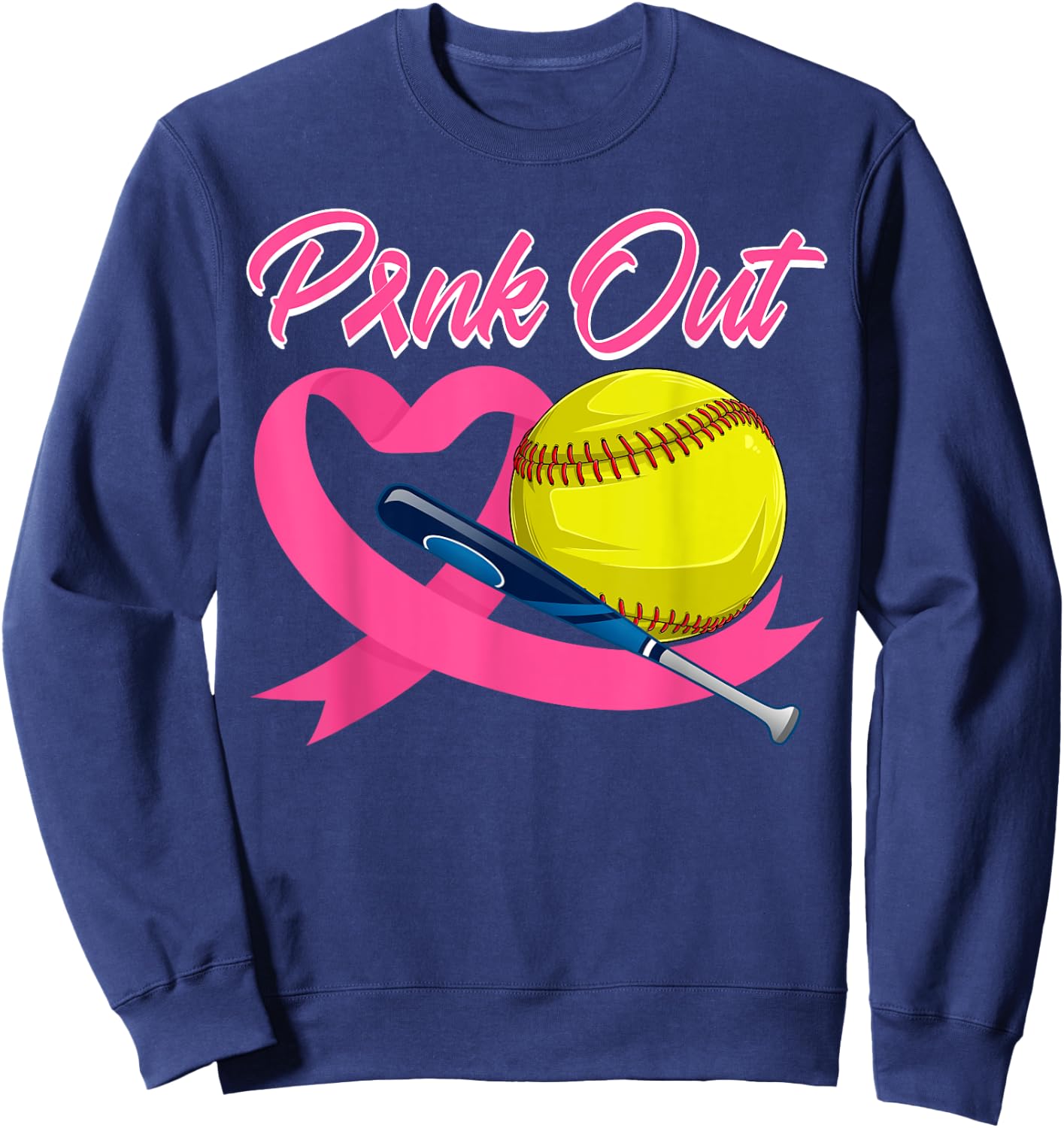 Pink Out Pink Ribbon Heart With Softball Ball Breast Cancer Sweatshirt - Sweatshirt | Navy