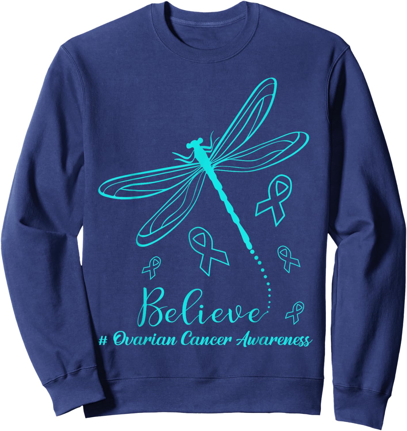 Ovarian Cancer Awareness Warrior Dragonfly Believe Hope Sweatshirt - Sweatshirt | Navy