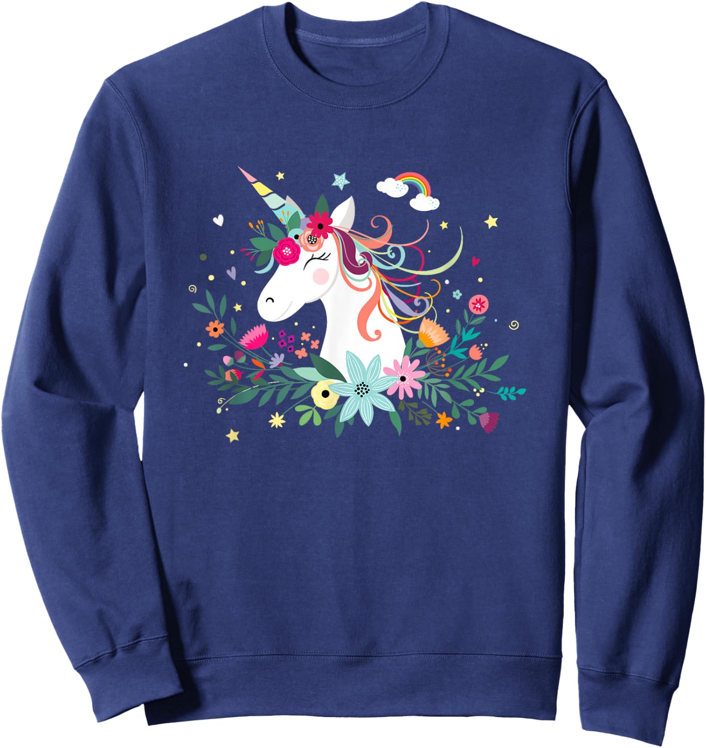 Funny Unicorn Dreams, Cute Kawaii Blinking Unicorn Flowers Sweatshirt - Sweatshirt | Navy