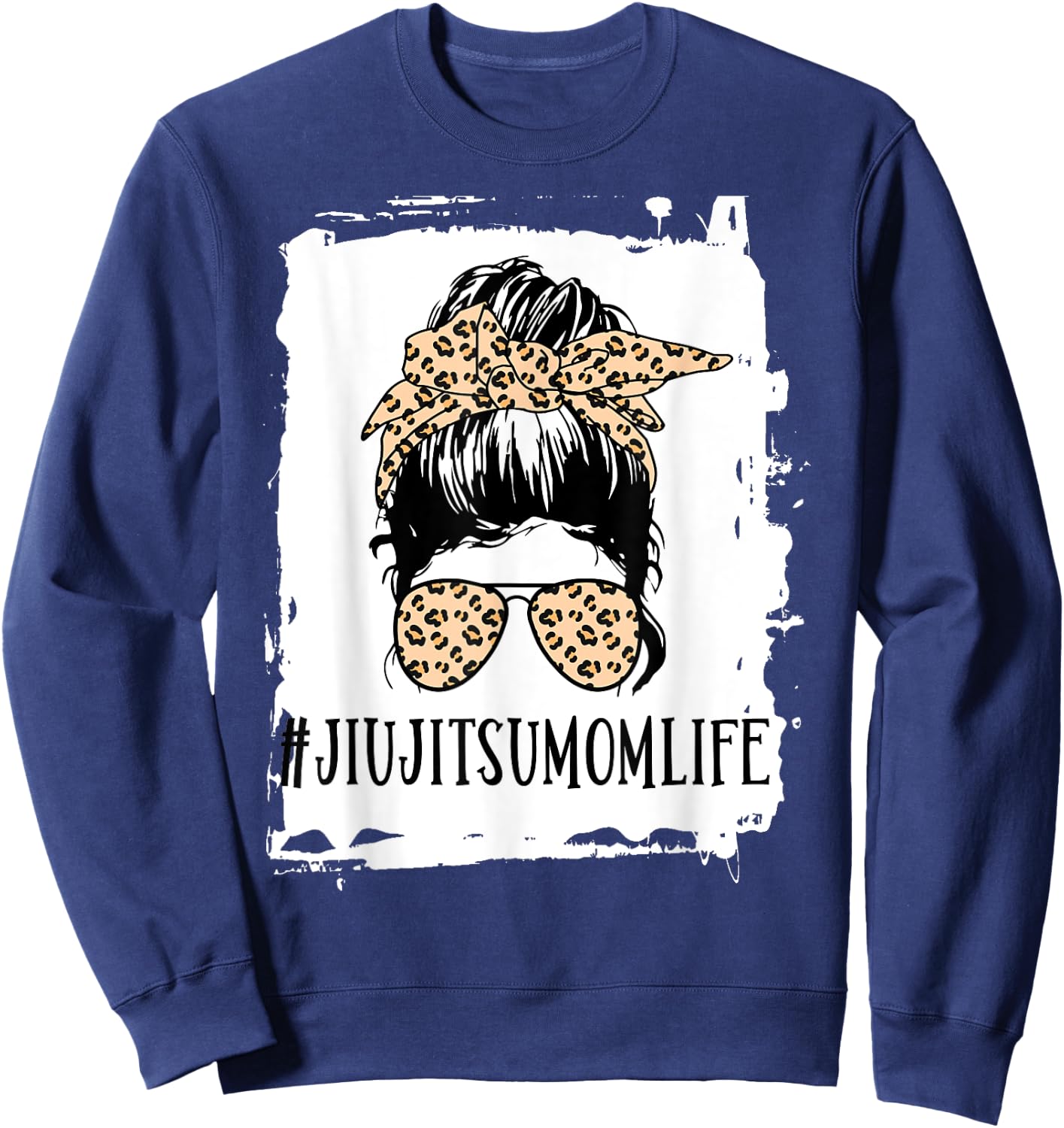 BJJ Jiu Jitsu Mom Life Messy Bun Leopard Sweatshirt - Sweatshirt | Navy