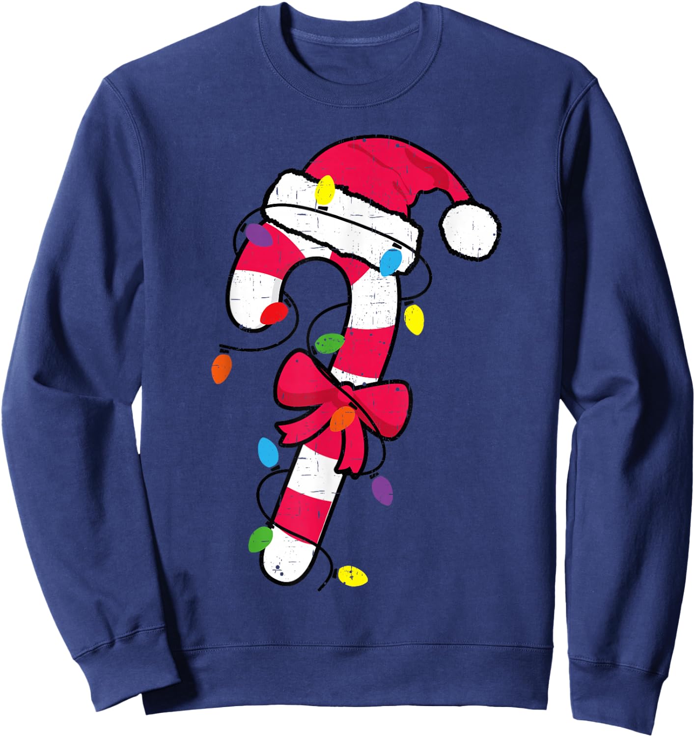 Cute Christmas Candy Cane Santa Hat and Christmas Lights Sweatshirt - Sweatshirt | Navy