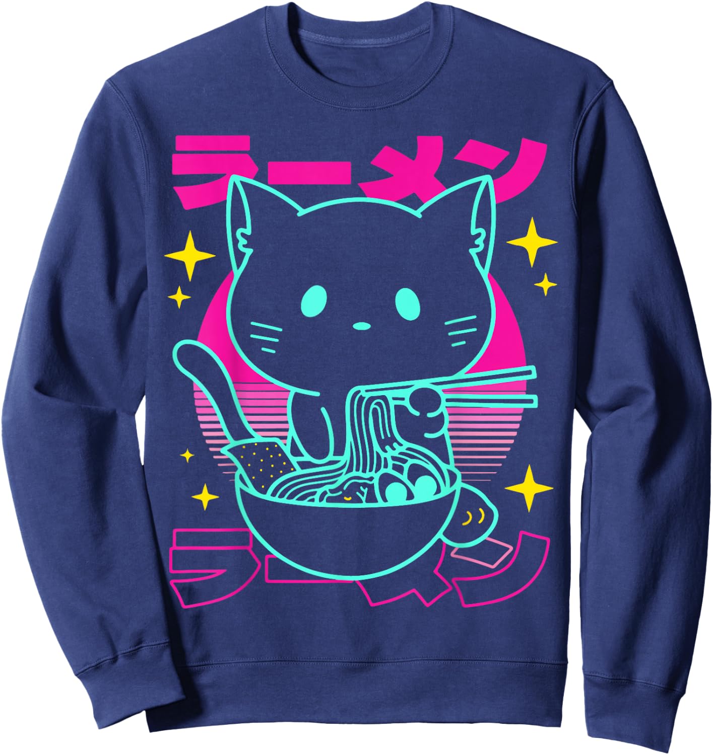 Anime Ramen Cat Retro Japanese Noodles Aesthetic Kawaii cat Sweatshirt - Sweatshirt | Navy
