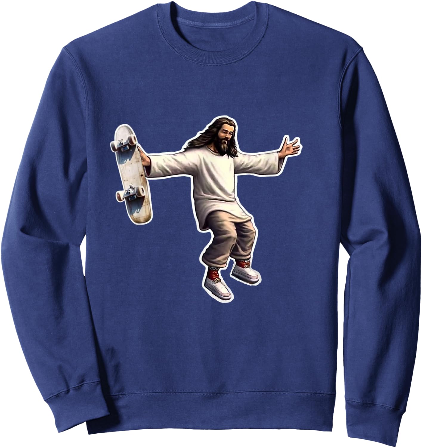 Steezus Christ Shredding Skateboard Trending Meme Sweatshirt - Sweatshirt | Navy