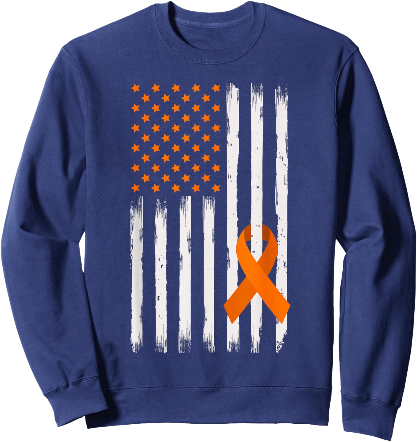 American Flag Orange Ribbon Kidney Cancer Awareness Warrior Sweatshirt - Sweatshirt | Navy