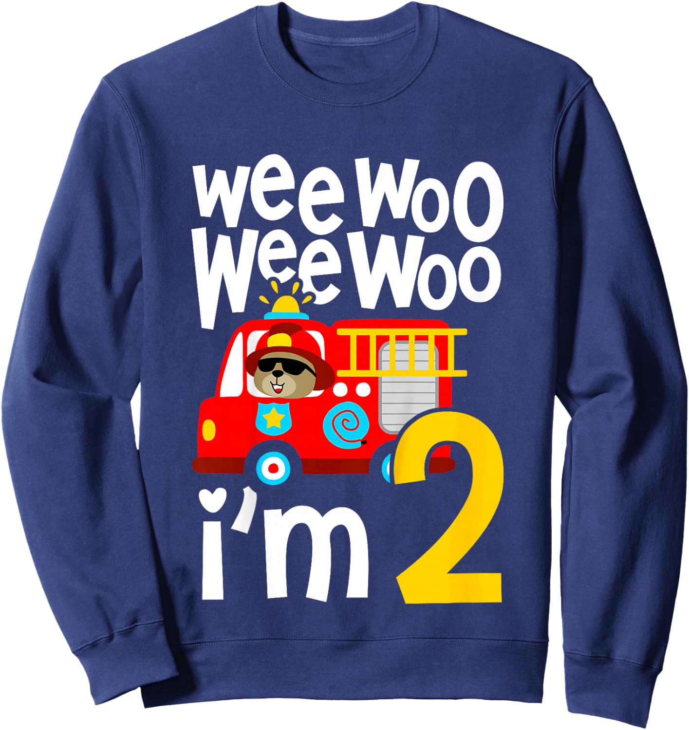 Kids Boys Birthday Wee Woo Wee Woo I'm 2 Red Fire Truck Sweatshirt - Sweatshirt | Navy