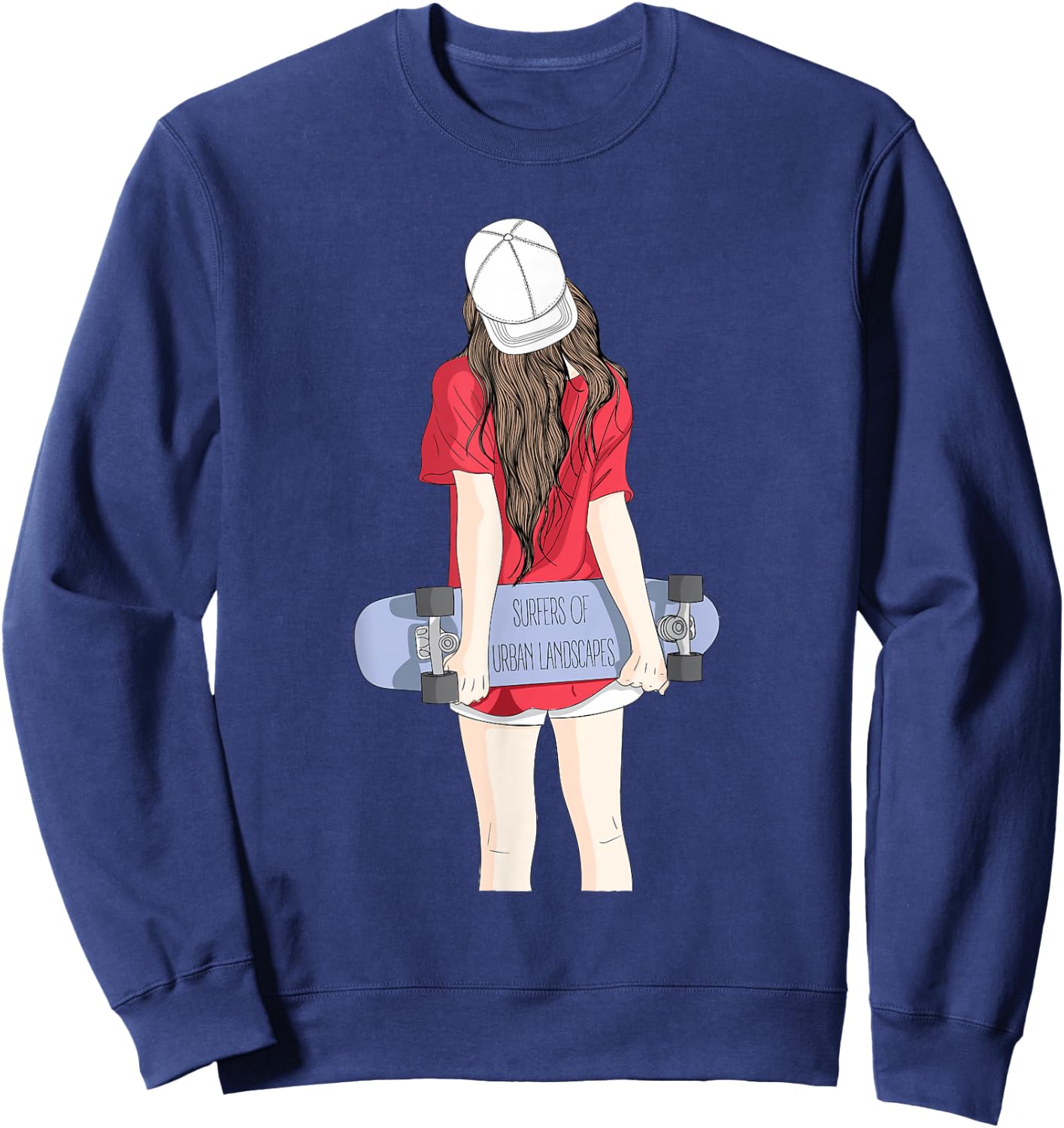 Cool Skateboarding Girl in a Baseball Cap with a Skateboard Sweatshirt - Sweatshirt | Navy
