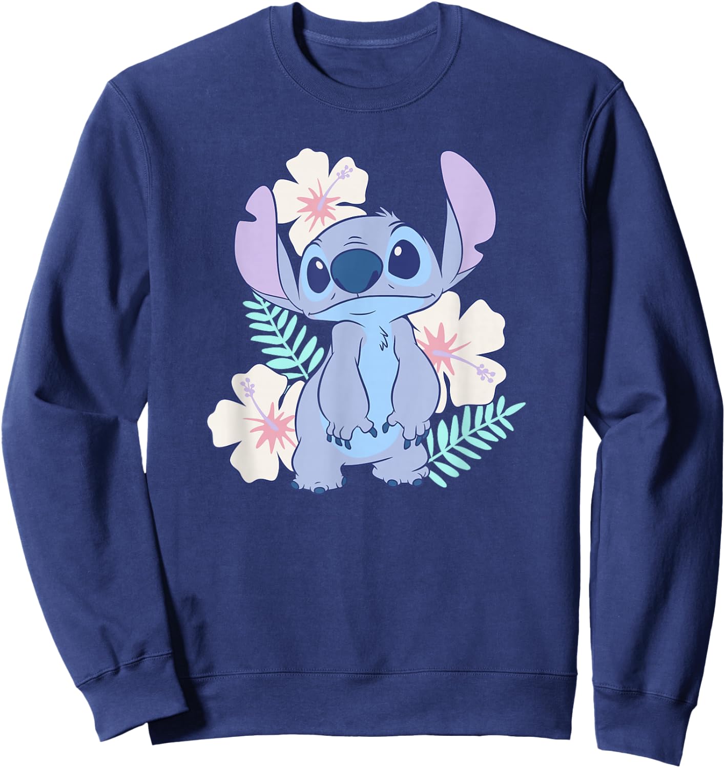 Disney Lilo & Stitch Cute Face Hawaiian Flowers Portrait Sweatshirt - Sweatshirt | Navy