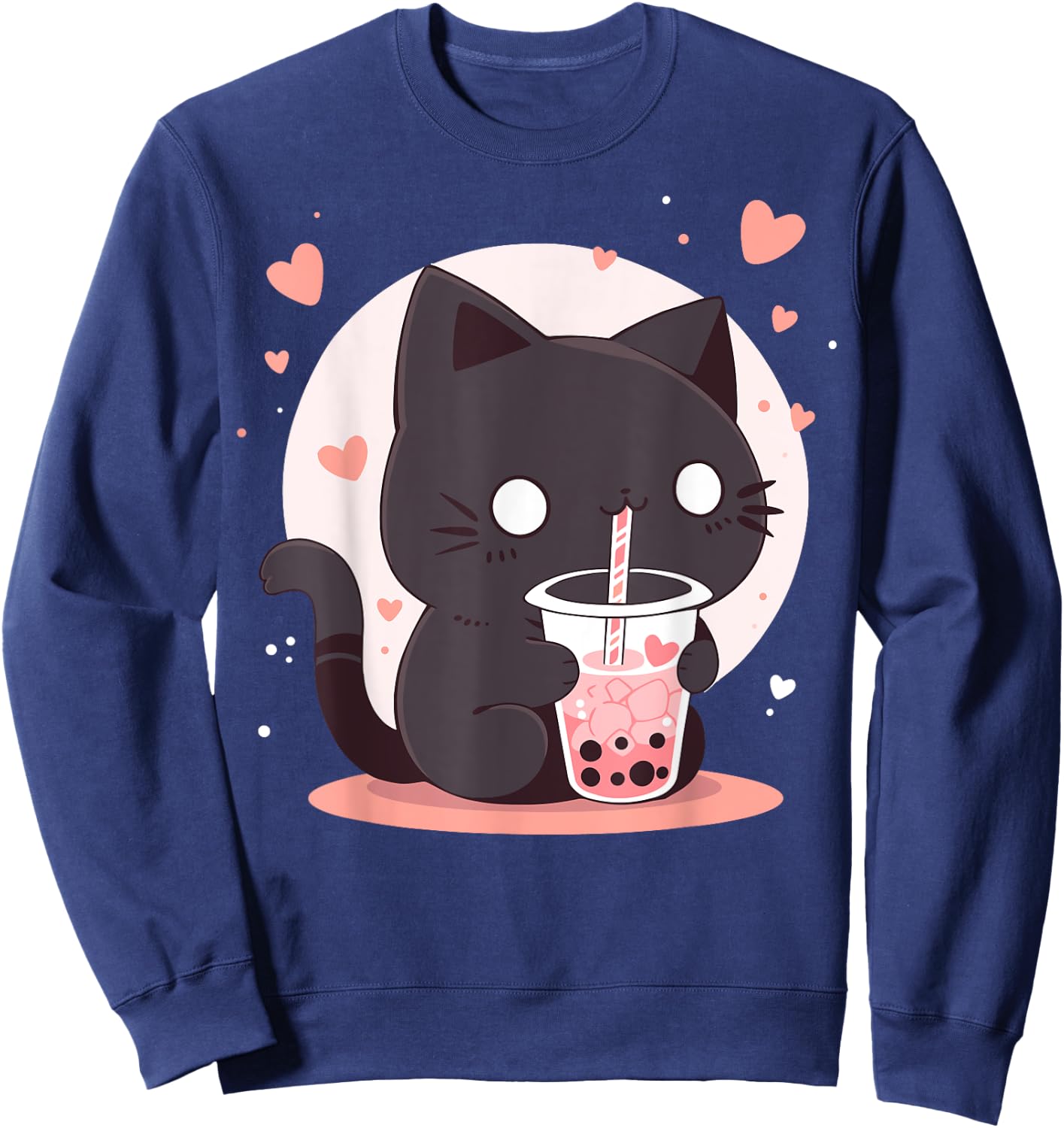 Kawaii Black Cat Boba Cute Japan Anime Bubble Tea Neko Teen Women Sweatshirt - Sweatshirt | Navy