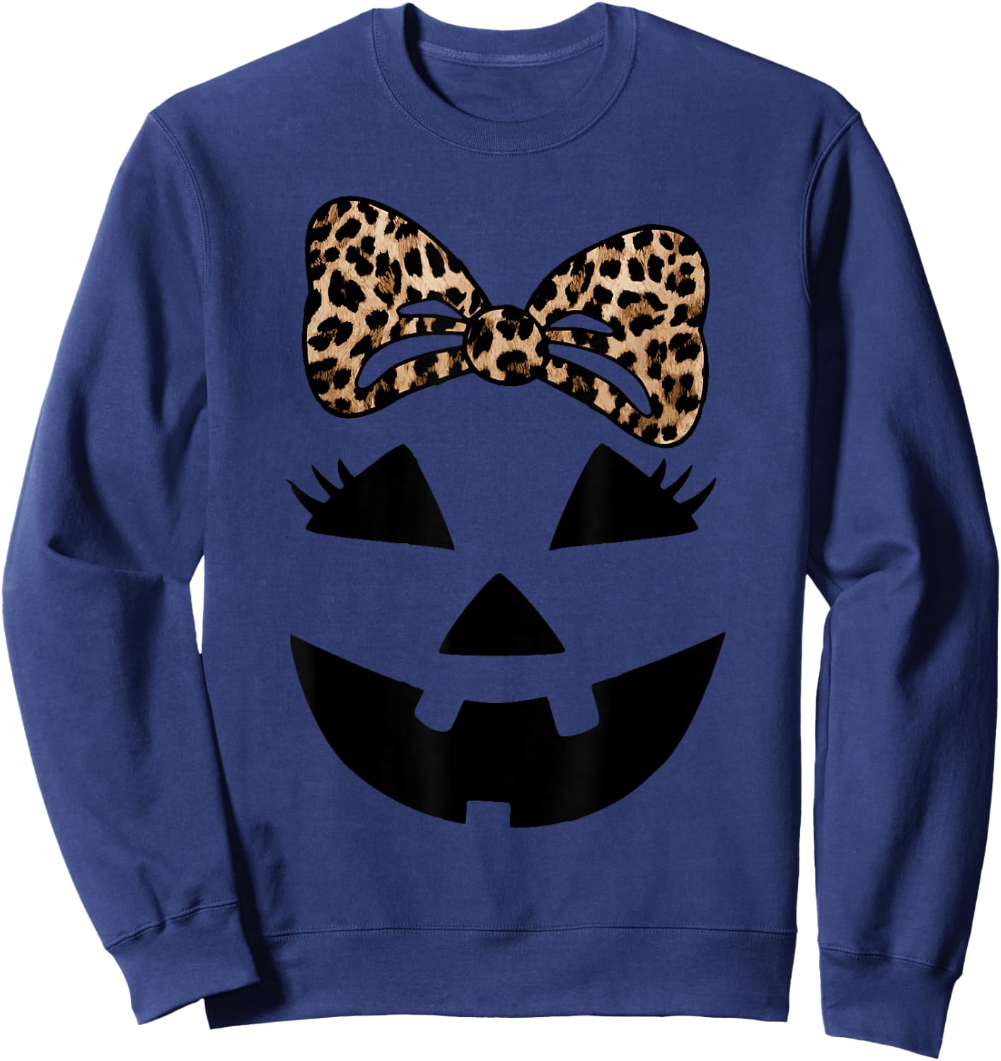 Jack O Lantern Face Pumpkin Hallowen Leopard Print Bow Tie Sweatshirt - Sweatshirt | Navy