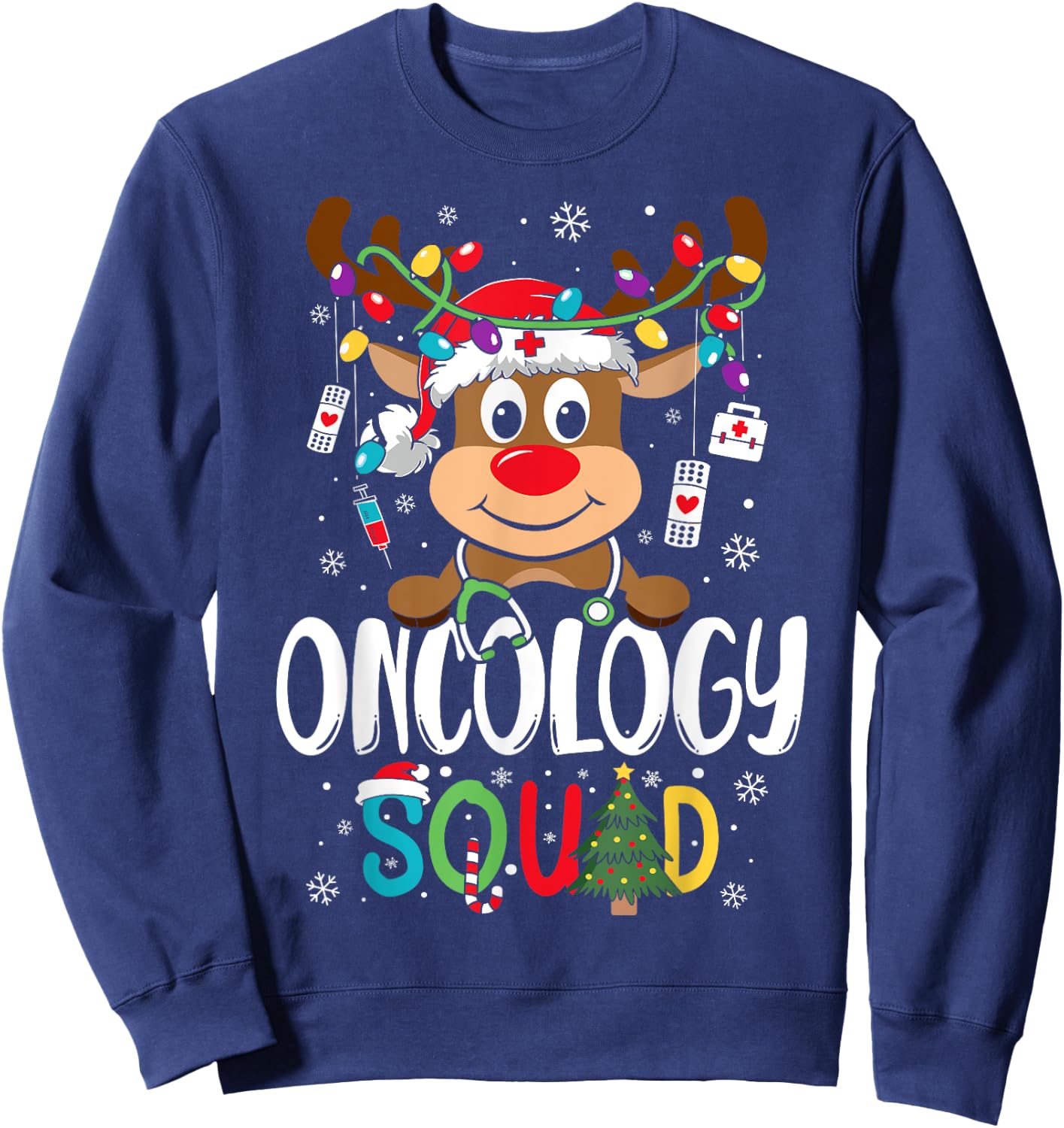Oncology Nurse Squad Reindeer Stethoscope Nurse Christmas Sweatshirt - Sweatshirt | Navy