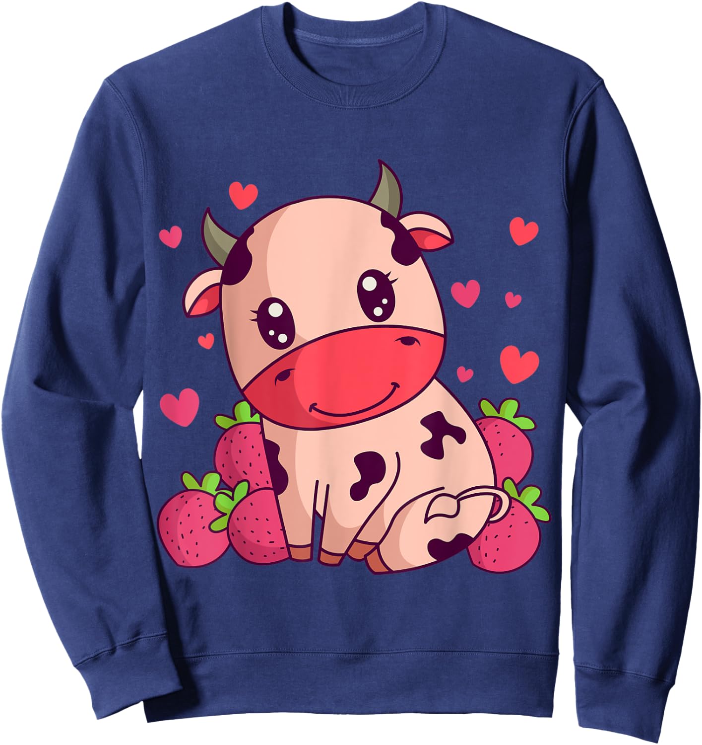 Kawaii Strawberry Milk Cow Farmers Cute Pink Cow Sweatshirt - Sweatshirt | Navy