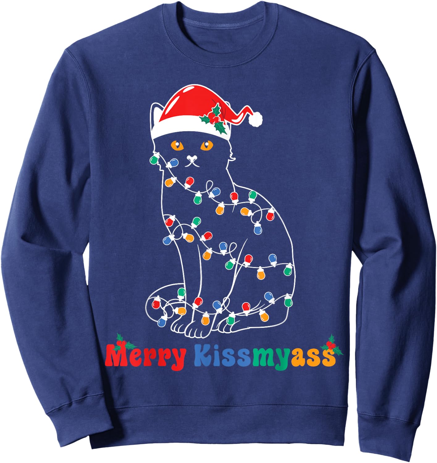 Merry Christmas Cat Christmas Lights Merry Christmas Cat Sweatshirt - Sweatshirt | Navy