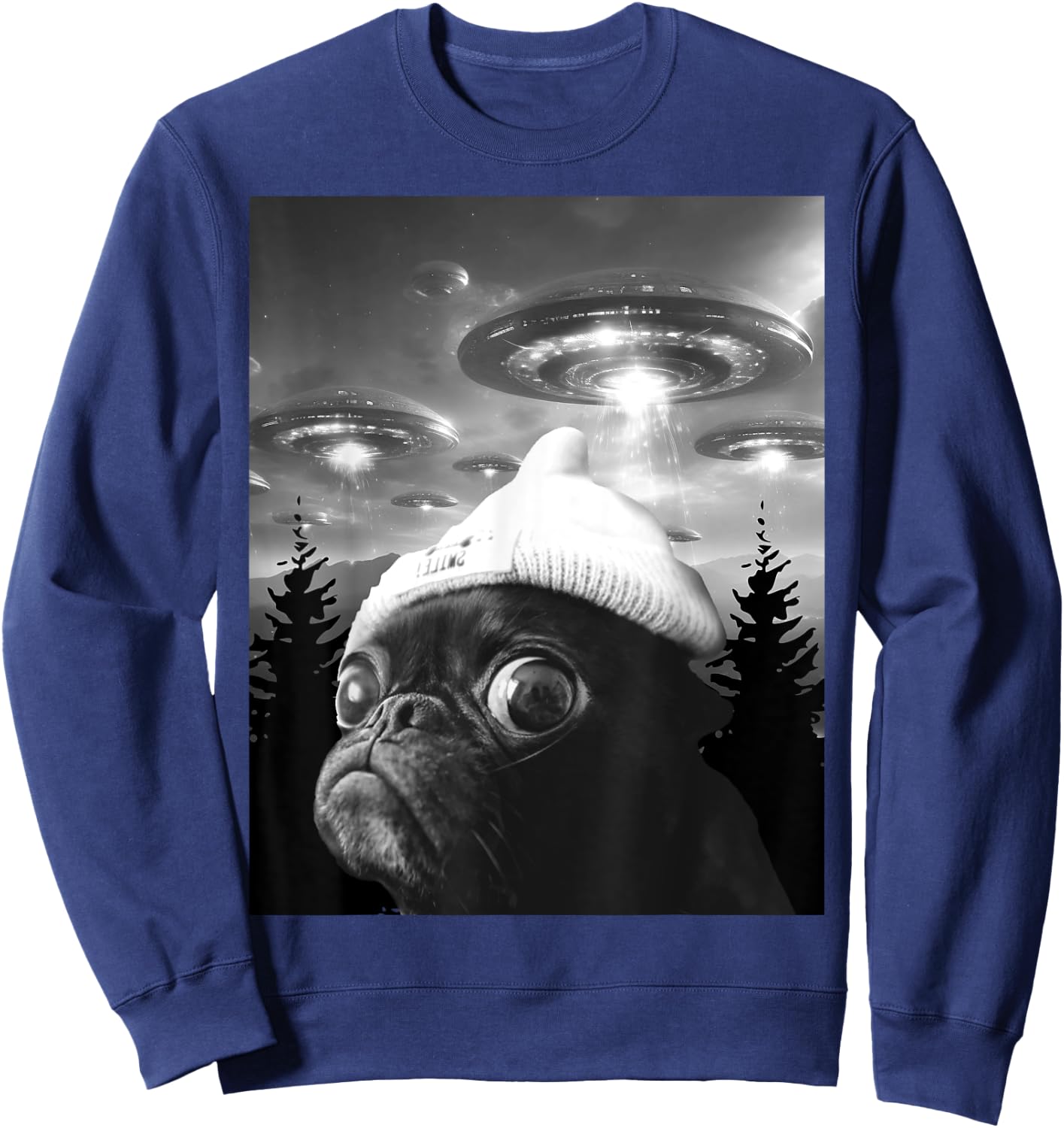 Cute Scared Pug Funny Dog Selfie With UFO Sweatshirt - Sweatshirt | Navy
