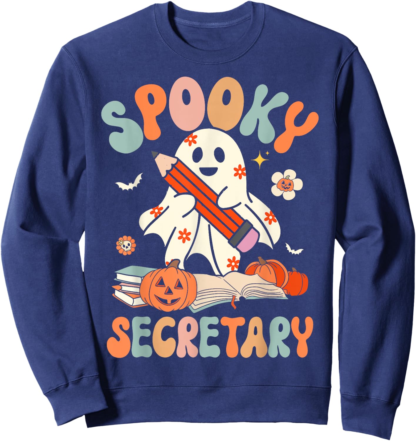 Spooky School Secretary Groovy Halloween Floral Ghost Sweatshirt - Sweatshirt | Navy