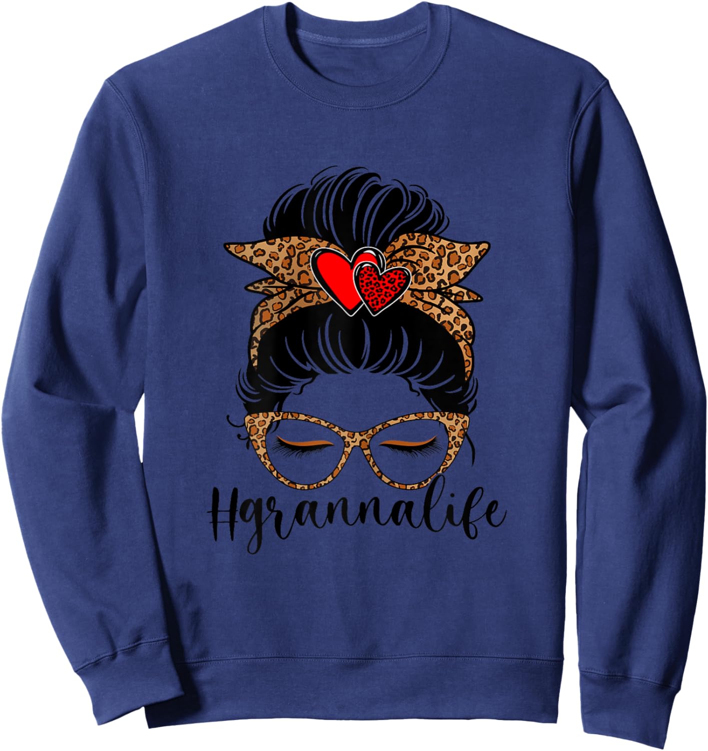 Granna Life Messy Hair Bun Leopard Print Women Mother's Day Sweatshirt - Sweatshirt | Navy
