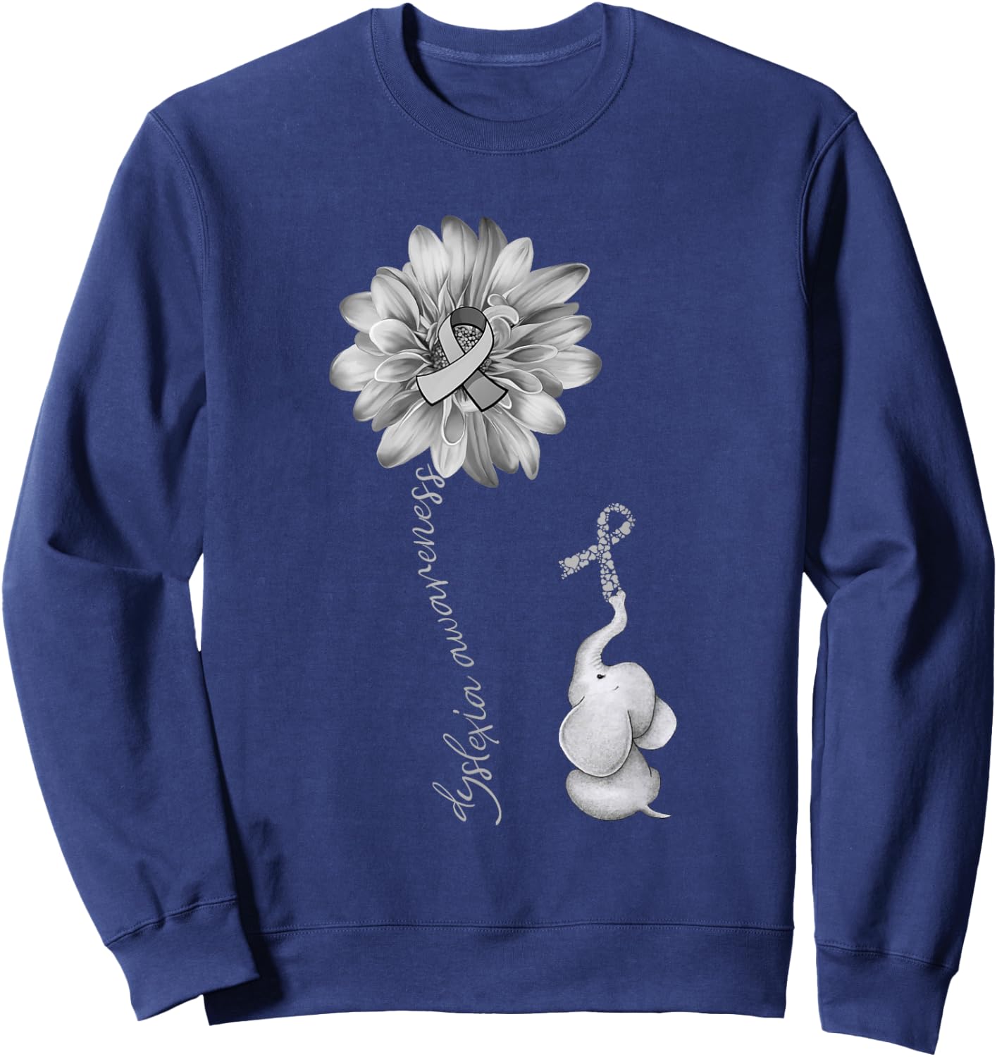 Elephant Sunflower Gray Ribbon Dyslexia Awareness Sweatshirt - Sweatshirt | Navy