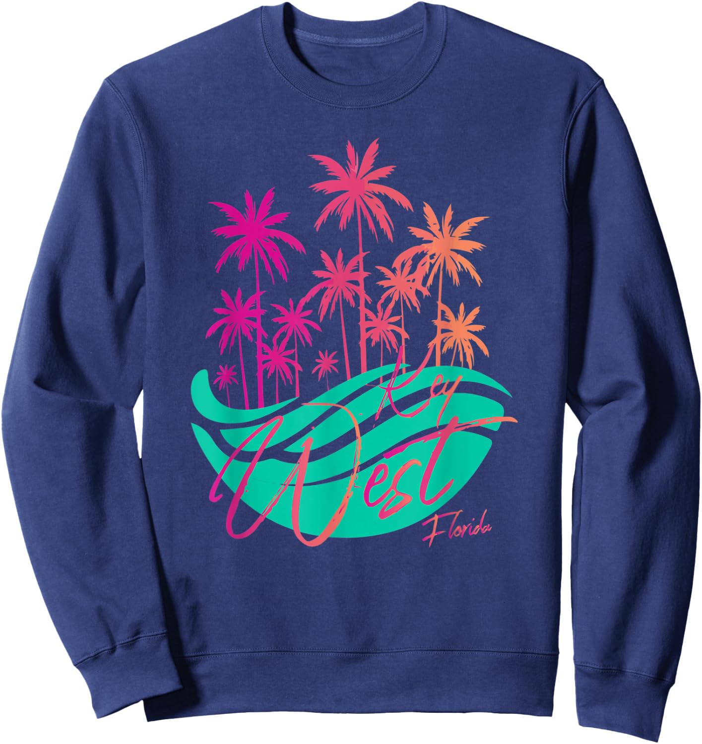 Retro Key West Florida Colorful Palm Trees And Ocean Waves Sweatshirt - Sweatshirt | Navy