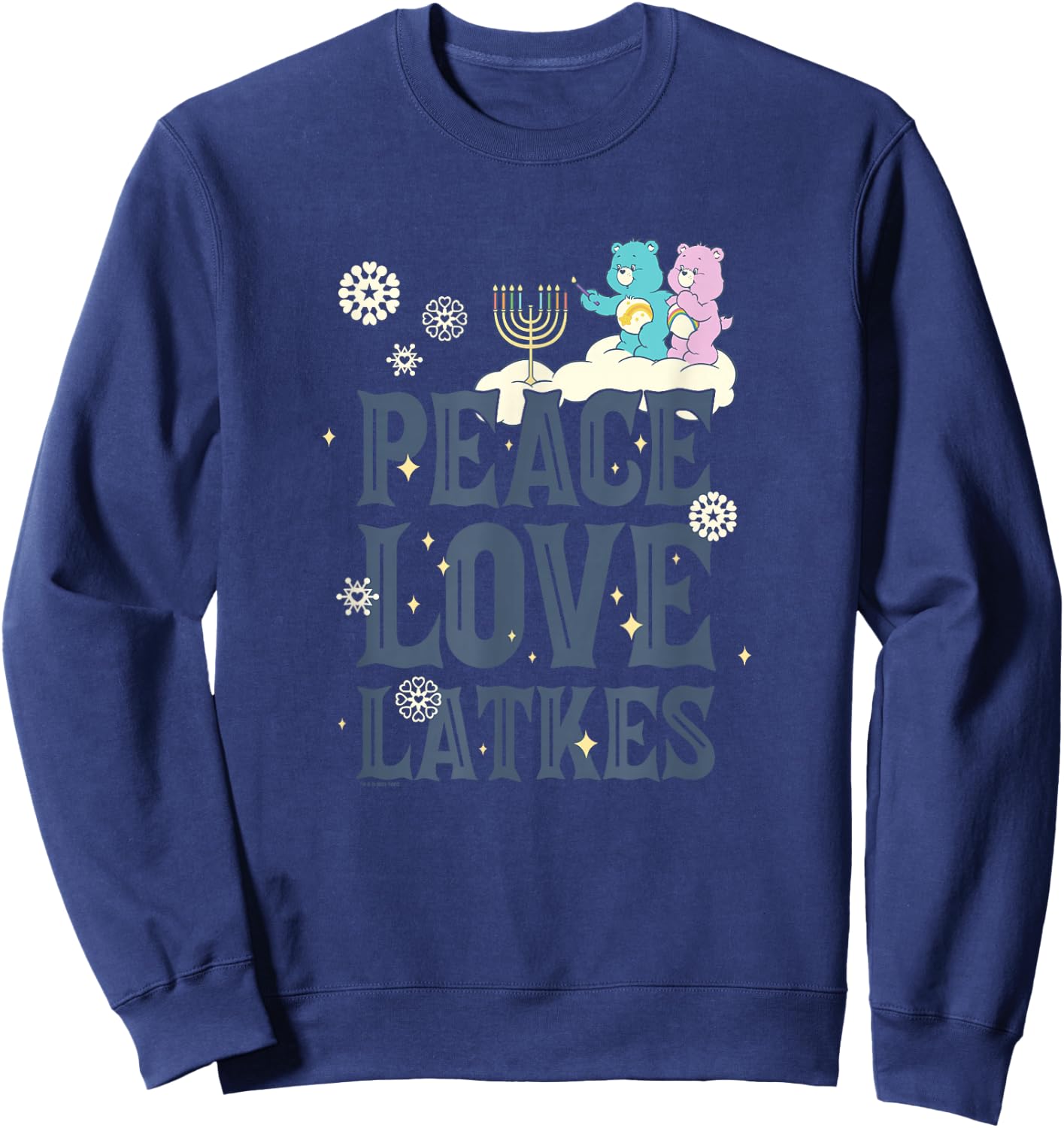 Care Bears Hanukkah Peace Love Latkes Snowflake Menorah Logo Sweatshirt - Sweatshirt | Navy