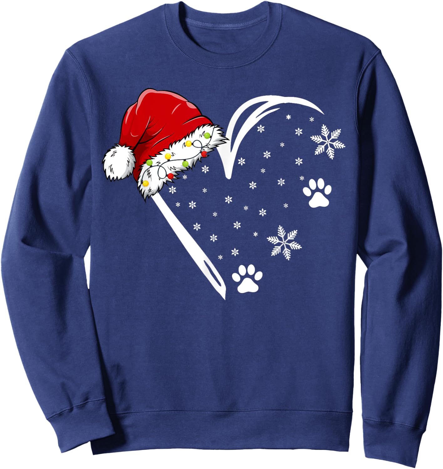 Dog Paw Print Heart Santa Hat Christmas Lights Animal Lover Women Kids Sweatshirt - Sweatshirt | Navy
