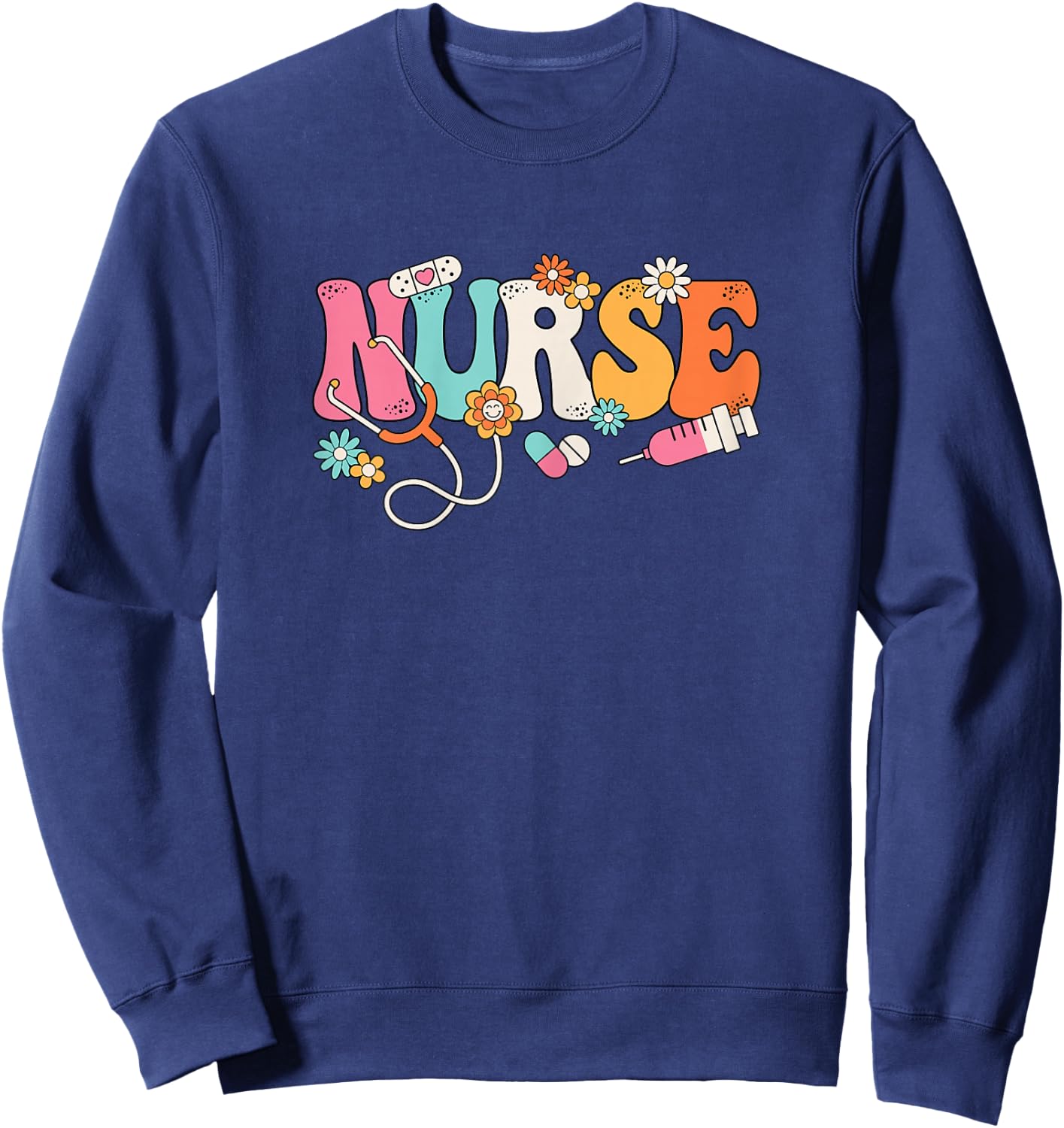 Cute Groovy Nurse Flower Nursing Women Sweatshirt - Sweatshirt | Navy