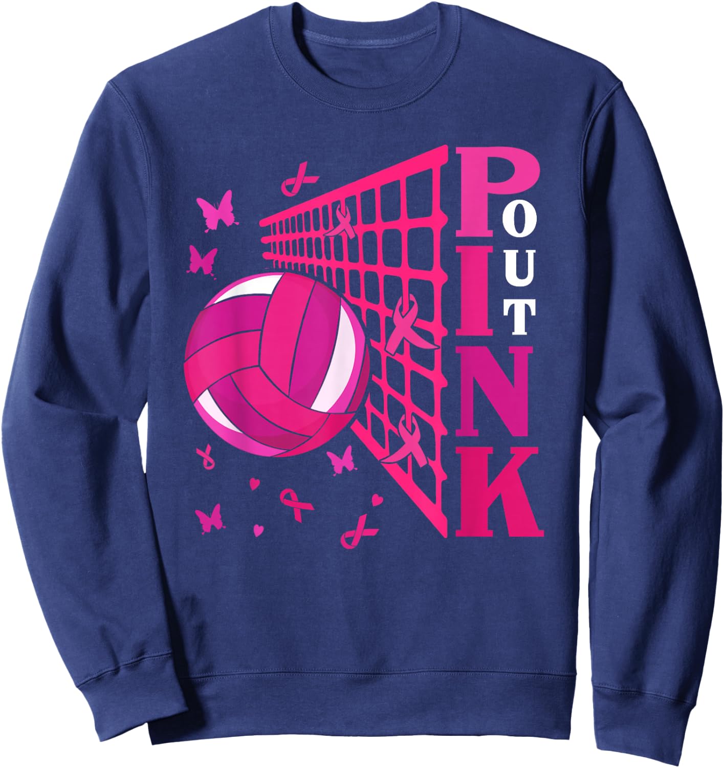 Cute Pink Out Volleyball Breast Cancer Awareness Pink Ribbon Sweatshirt - Sweatshirt | Navy