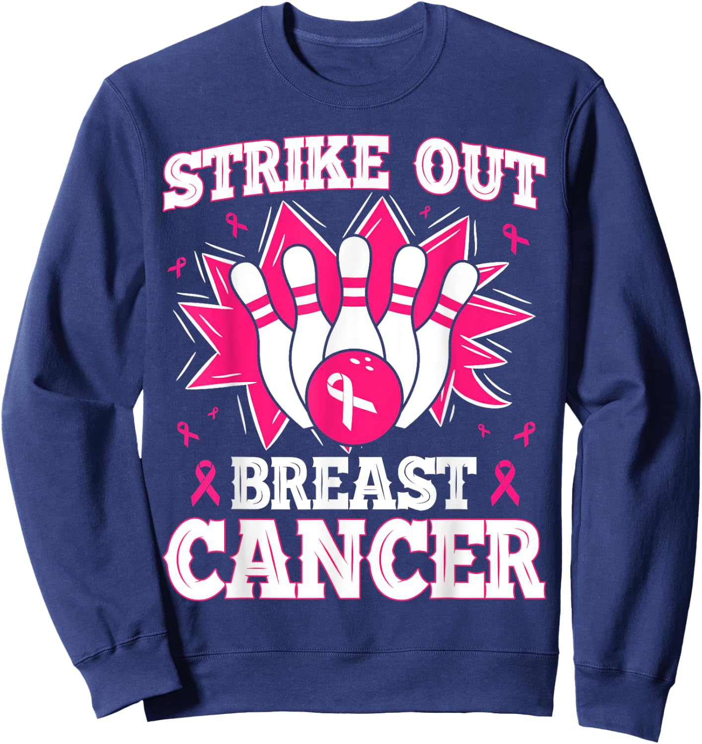 Strike Out Bowling Pink Ribbon Breast Cancer Awareness Sweatshirt - Sweatshirt | Navy