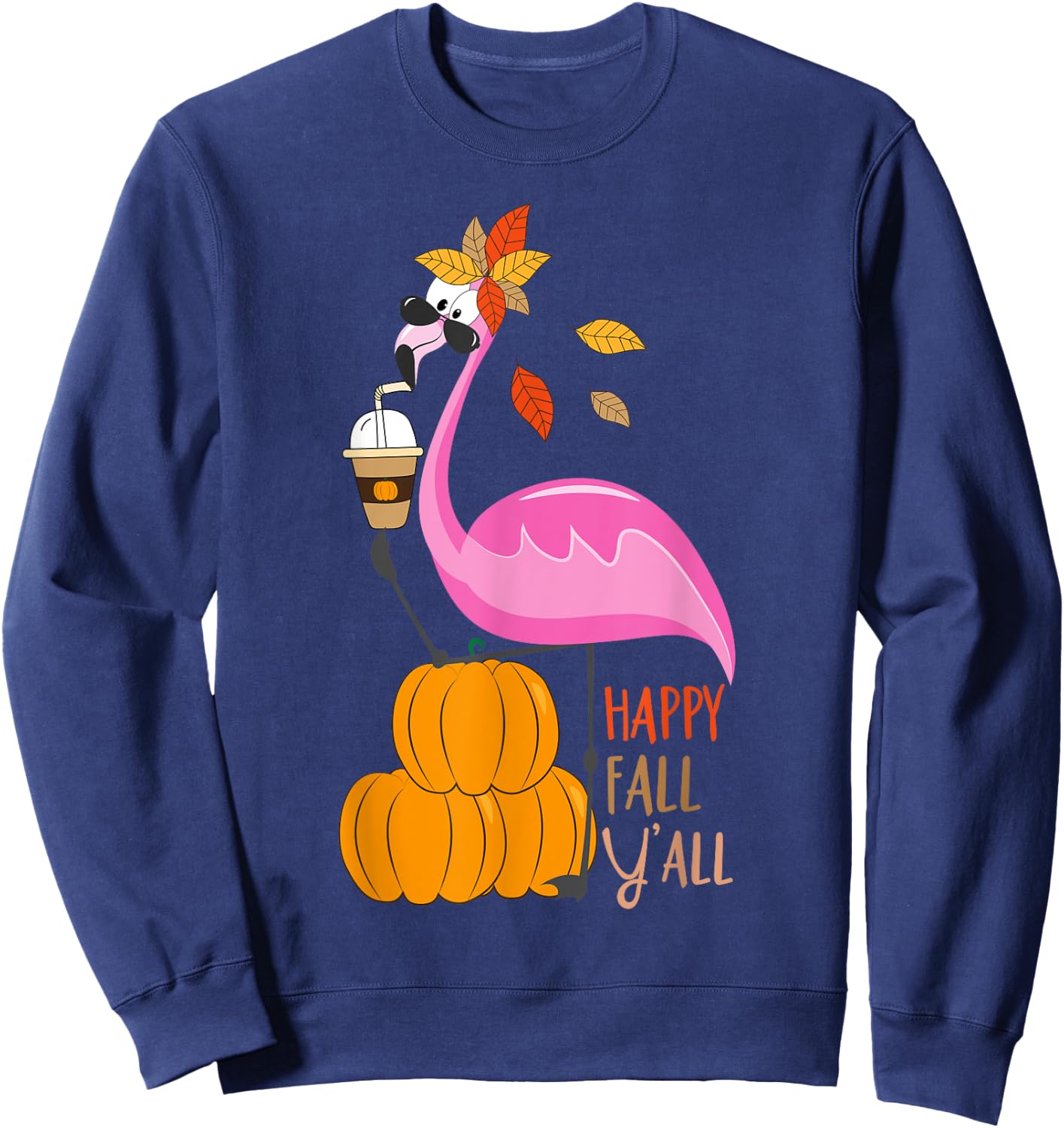 Happy Fall Y'all Pumpkin Flamingo Autumn Graphic Sweatshirt - Sweatshirt | Navy