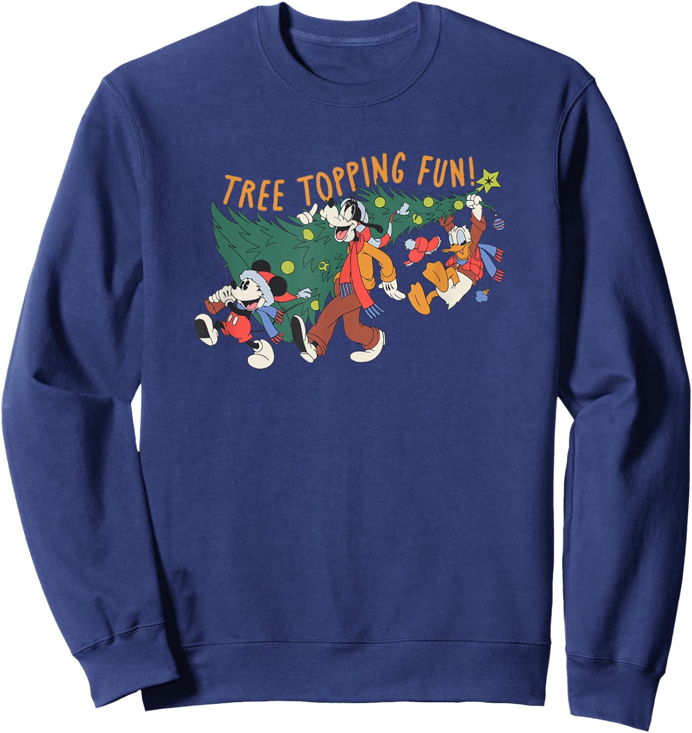Amazon Essentials Men's Mickey Mouse Goofy and Donald Christmas Tree Topping Fun , Black Graphic Print, Small Sweatshirt - Sweatshirt | Navy
