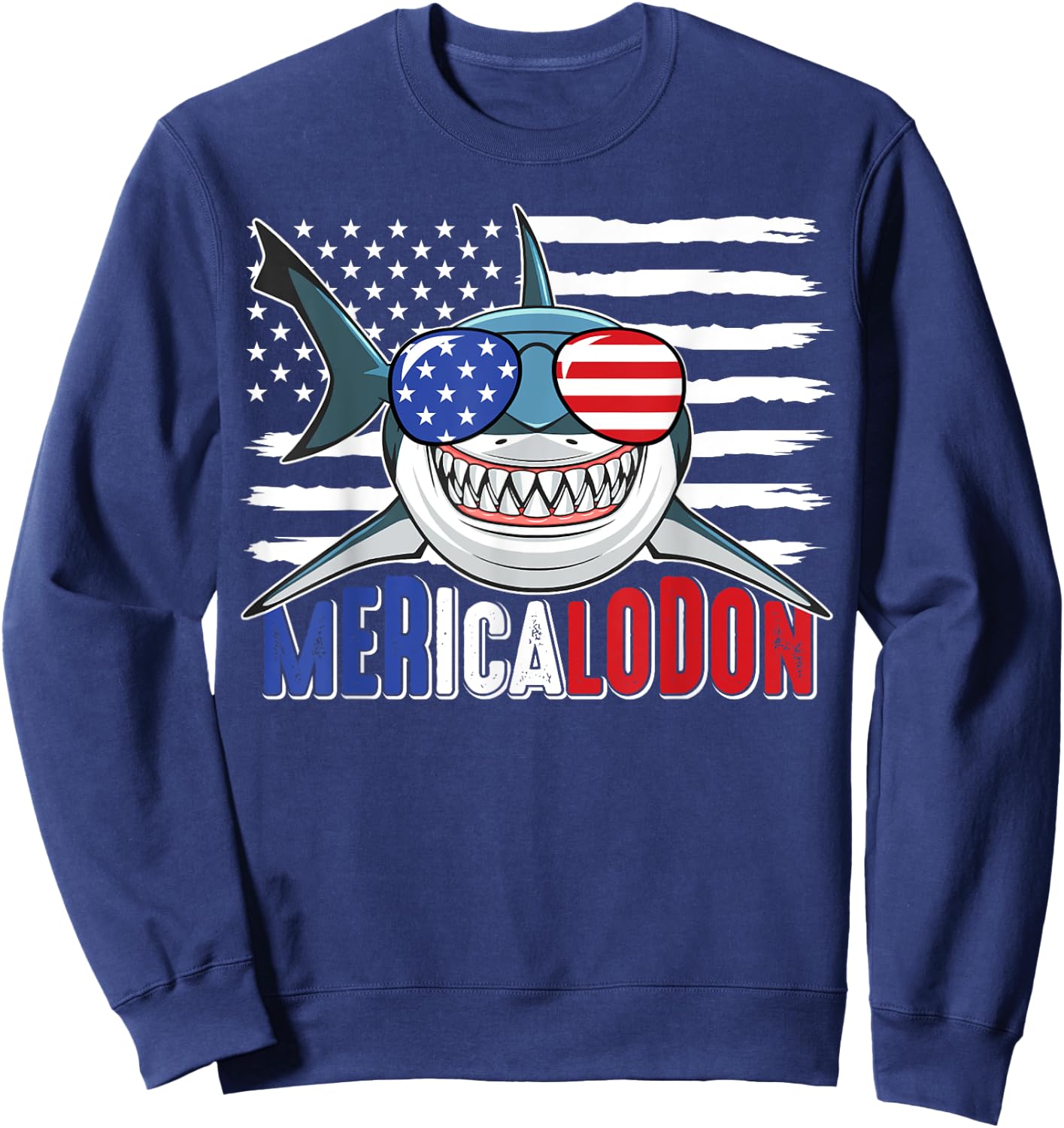 Merica Shark Funny 4th of July Megalodon American Flag Sweatshirt - Sweatshirt | Navy