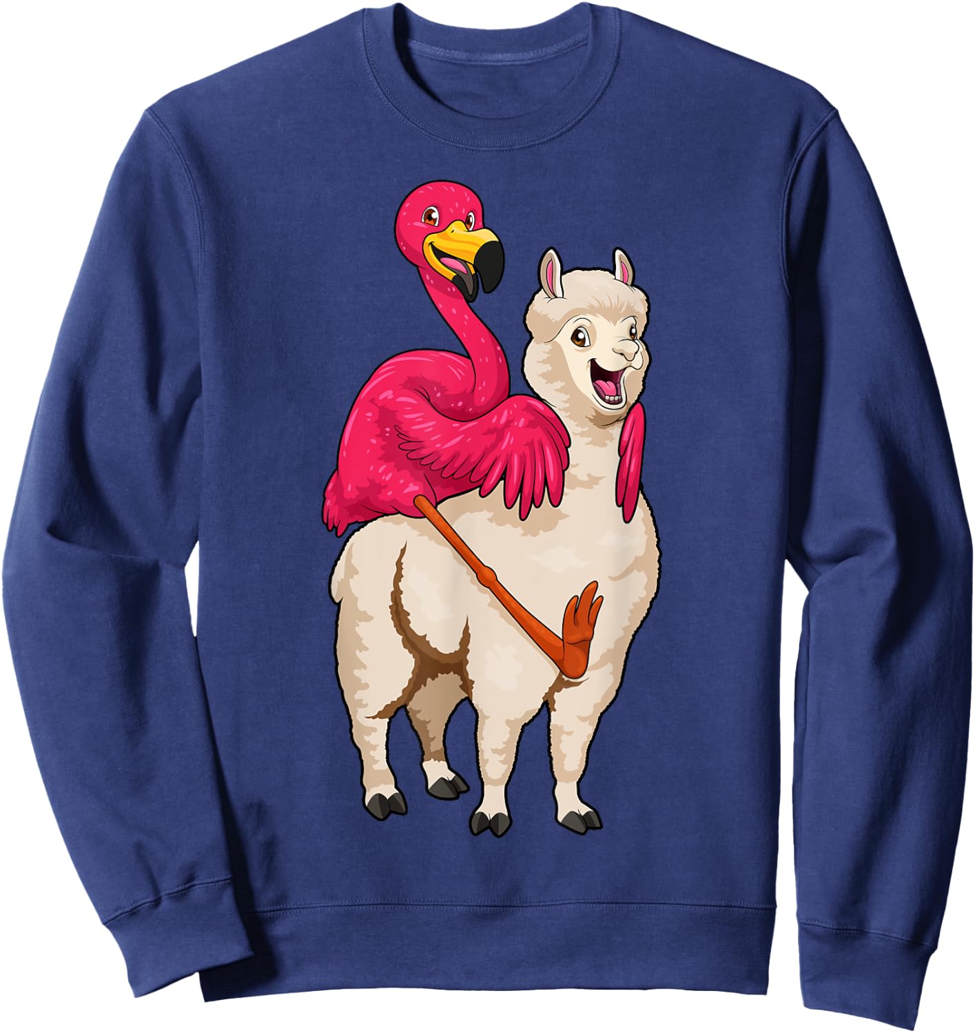 Flamingo Riding Llama Funny Flock Bird Llama Farmer Pun Sweatshirt - Sweatshirt | Navy