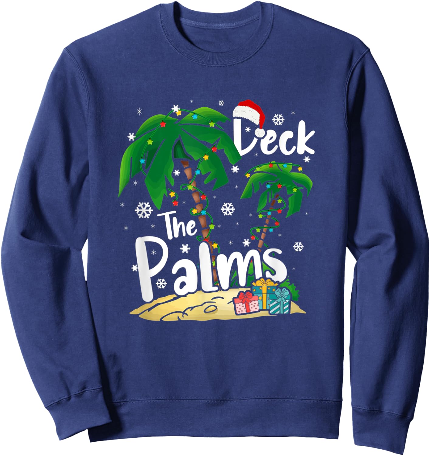 Deck The Palms Tropical Hawaii Christmas Palm Tree Lights Sweatshirt - Sweatshirt | Navy
