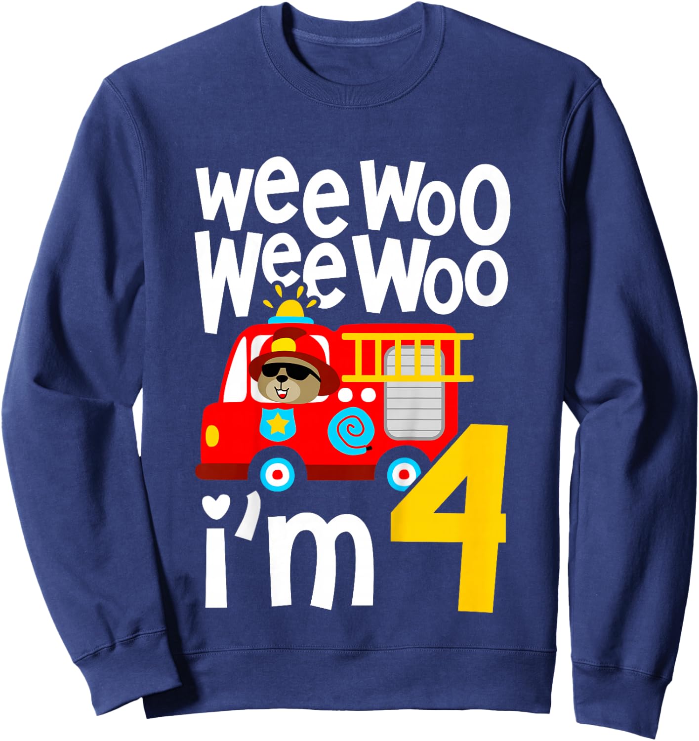Kids Boys Birthday Wee Woo Wee Woo I'm 4 Red Fire Truck Sweatshirt - Sweatshirt | Navy