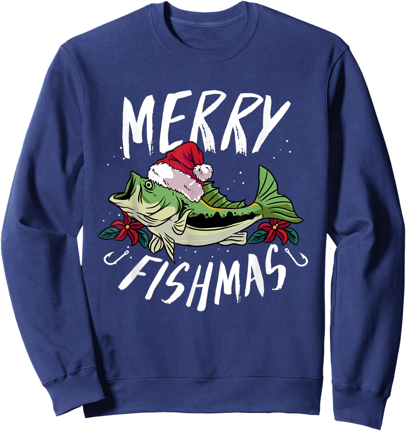 Funny Christmas Themed Bass Fishing design - Merry Fishmas Sweatshirt - Sweatshirt | Navy
