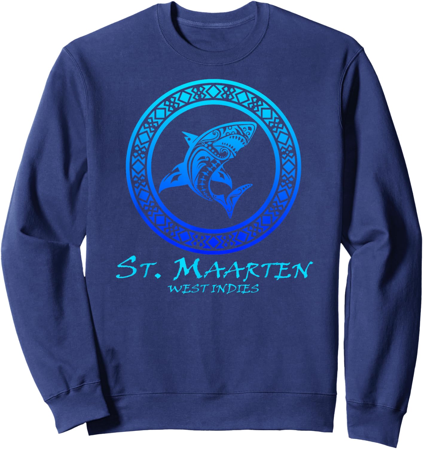 St. Maarten, West Indies Vintage Tribal Shark Vacation Sweatshirt - Sweatshirt | Navy