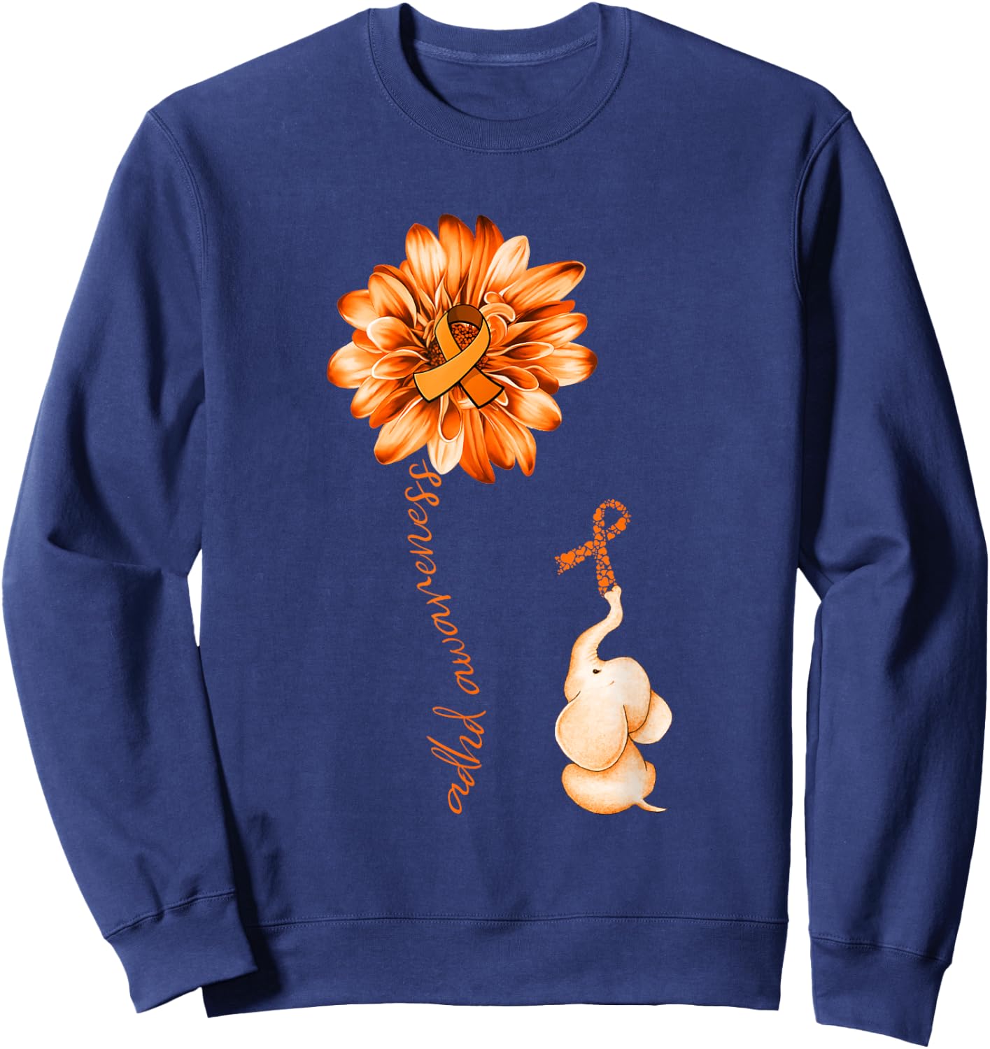 Elephant Sunflower Orange Ribbon ADHD Awareness Sweatshirt - Sweatshirt | Navy