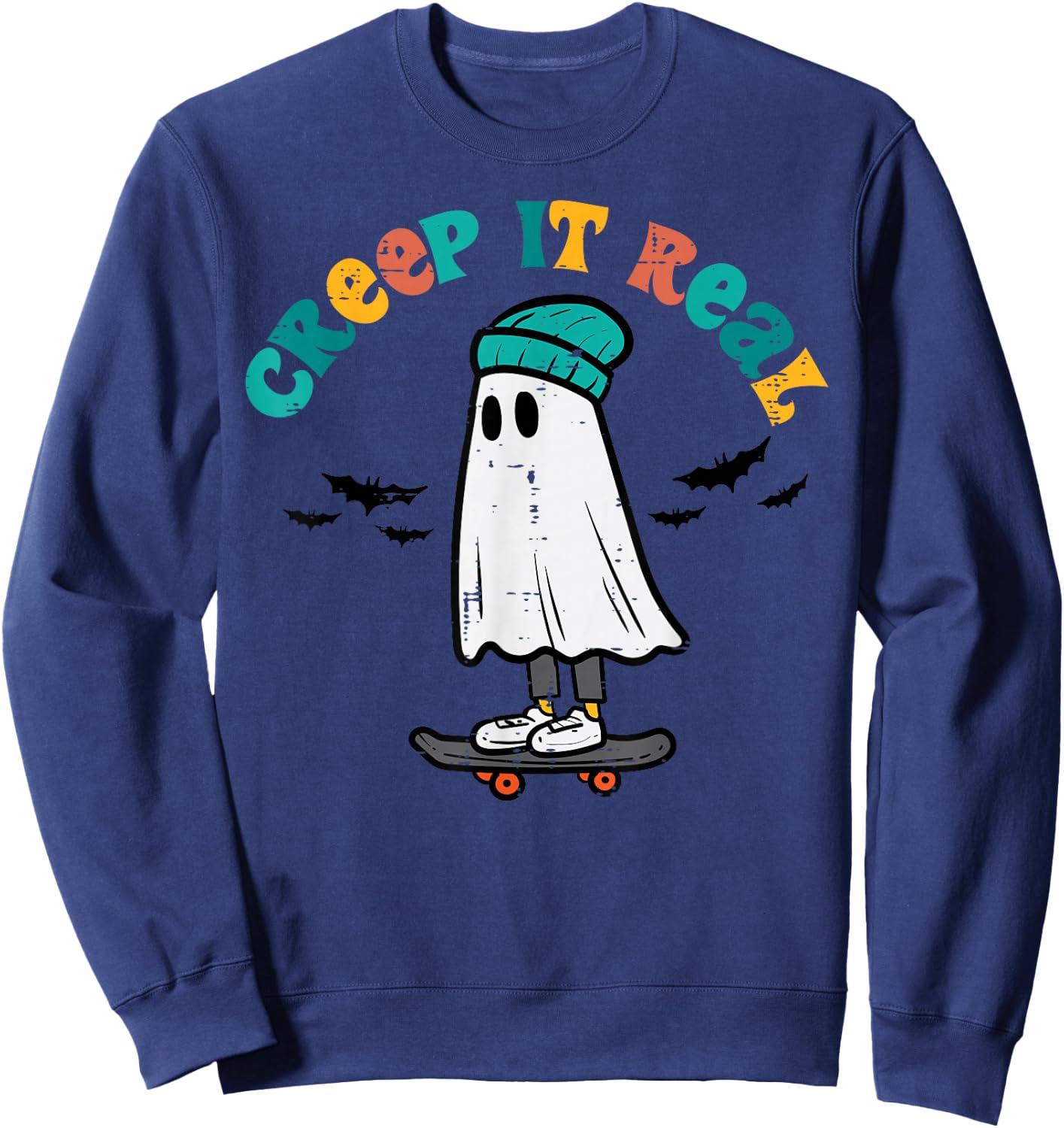 Ghost Skateboard Creep It Real Retro Halloween Skater Boys Sweatshirt - Sweatshirt | Navy