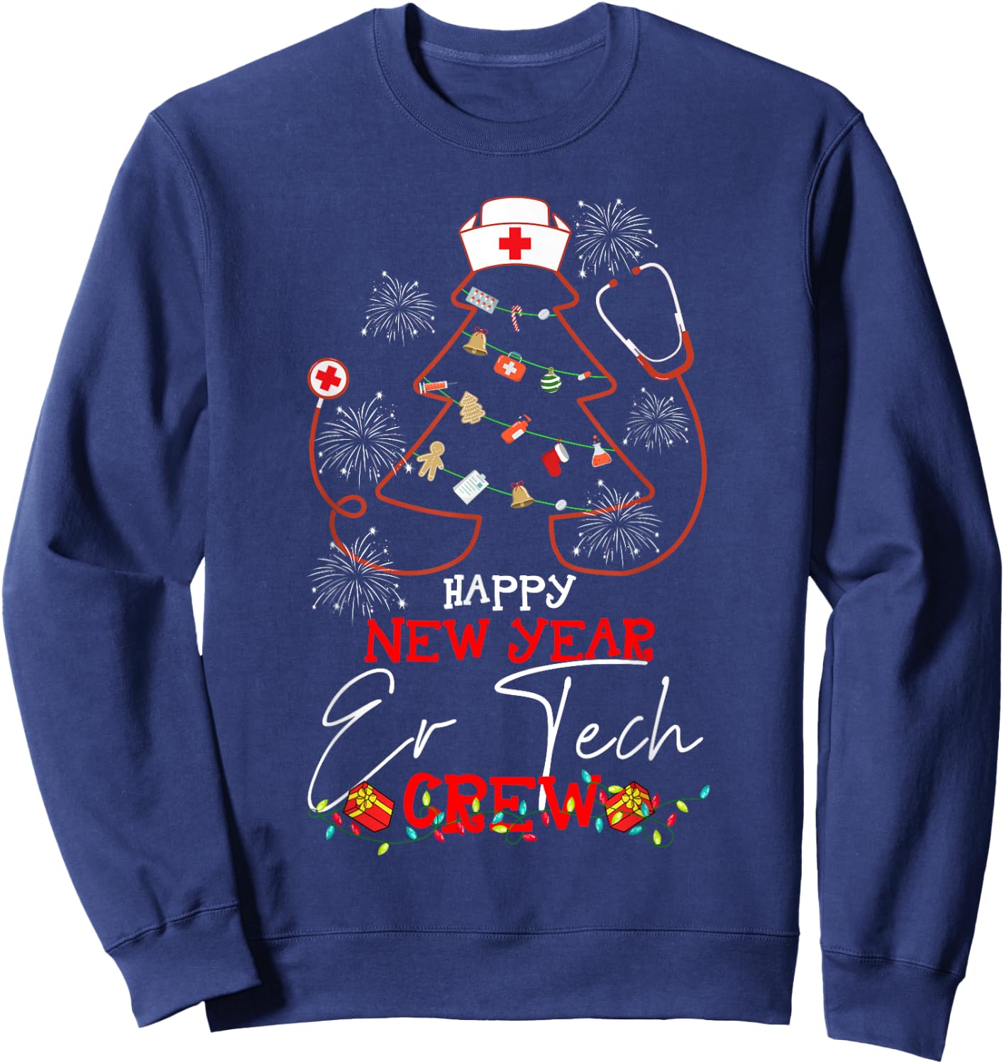 Happy New Year ER Tech Crew Reindeer Nurse Christmas Sweatshirt - Sweatshirt | Navy